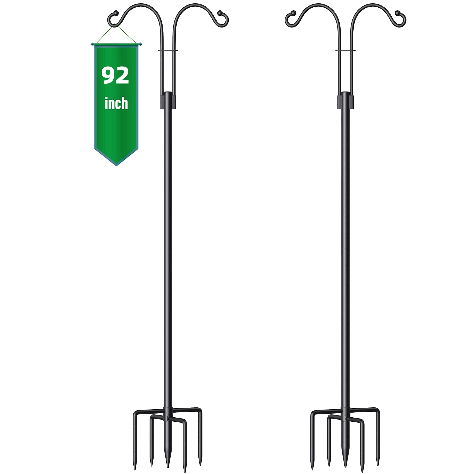 92 Inch Adjustable Double Shepherd's Hook - Heavy Duty Bird Feeder Pole with 5-Prong Base (2-Pack) - Matte Black Outdoor Plant Hanger for Garden, Solar Lights & Wedding Decor - Perfect for Backyard, Patio and Landscape Decoration