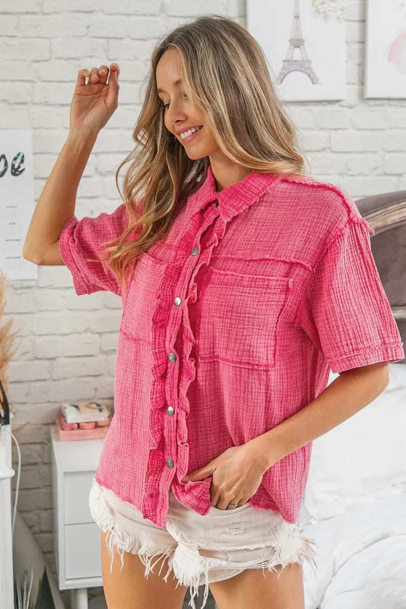 BiBi Mineral Washed Wrinkle Gauze Raw Edge Shirt Top | Women's Boho Chic Blouse | Perfect for Summer Outfits, Beach Cover-ups & Casual Wear