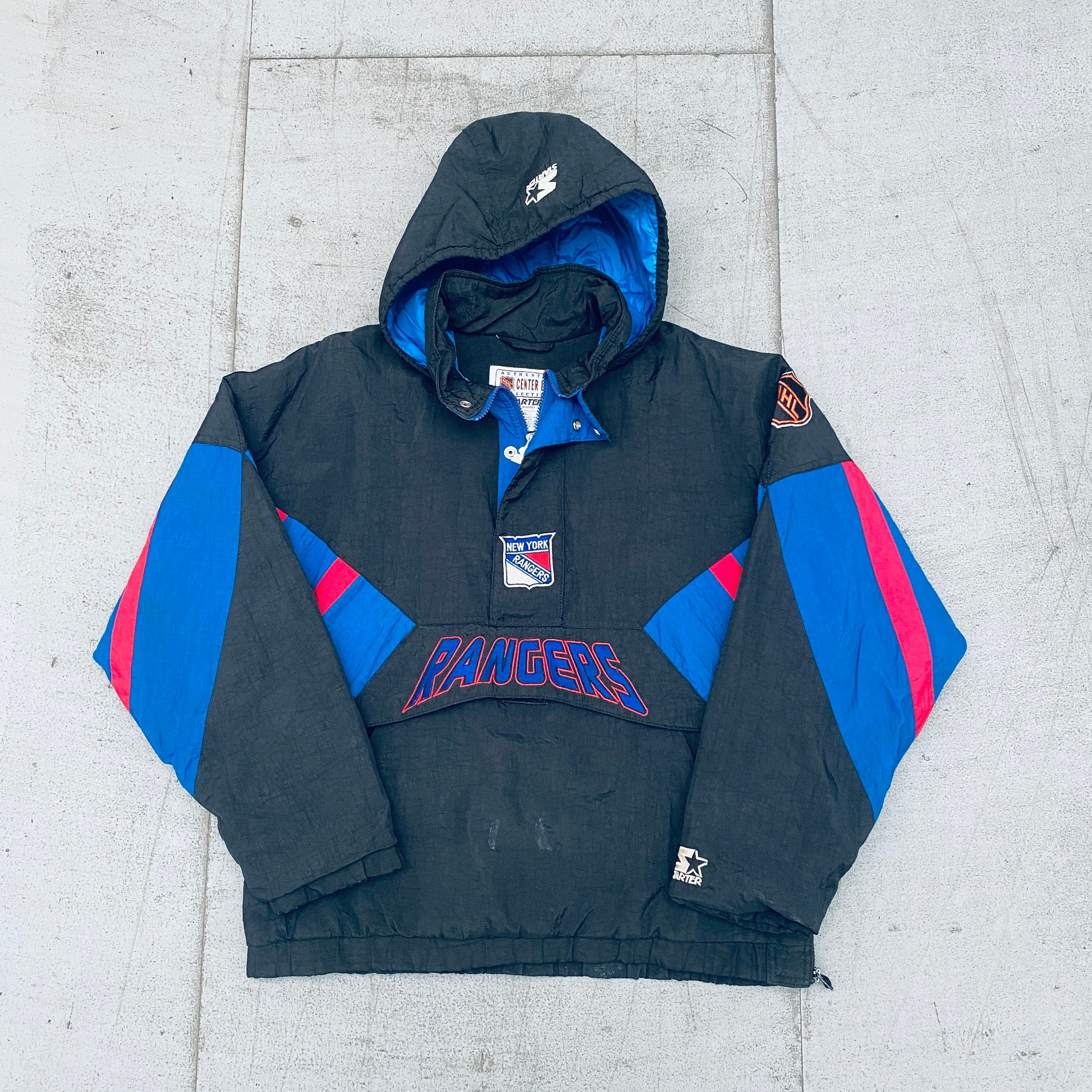 New York Rangers 1990s Blackout 1/4 Zip Center Ice Starter Breakaway Jacket - Vintage NHL Hockey Pullover for Men (S/M) - Perfect for Game Day, Tailgating & Casual Winter Wear
