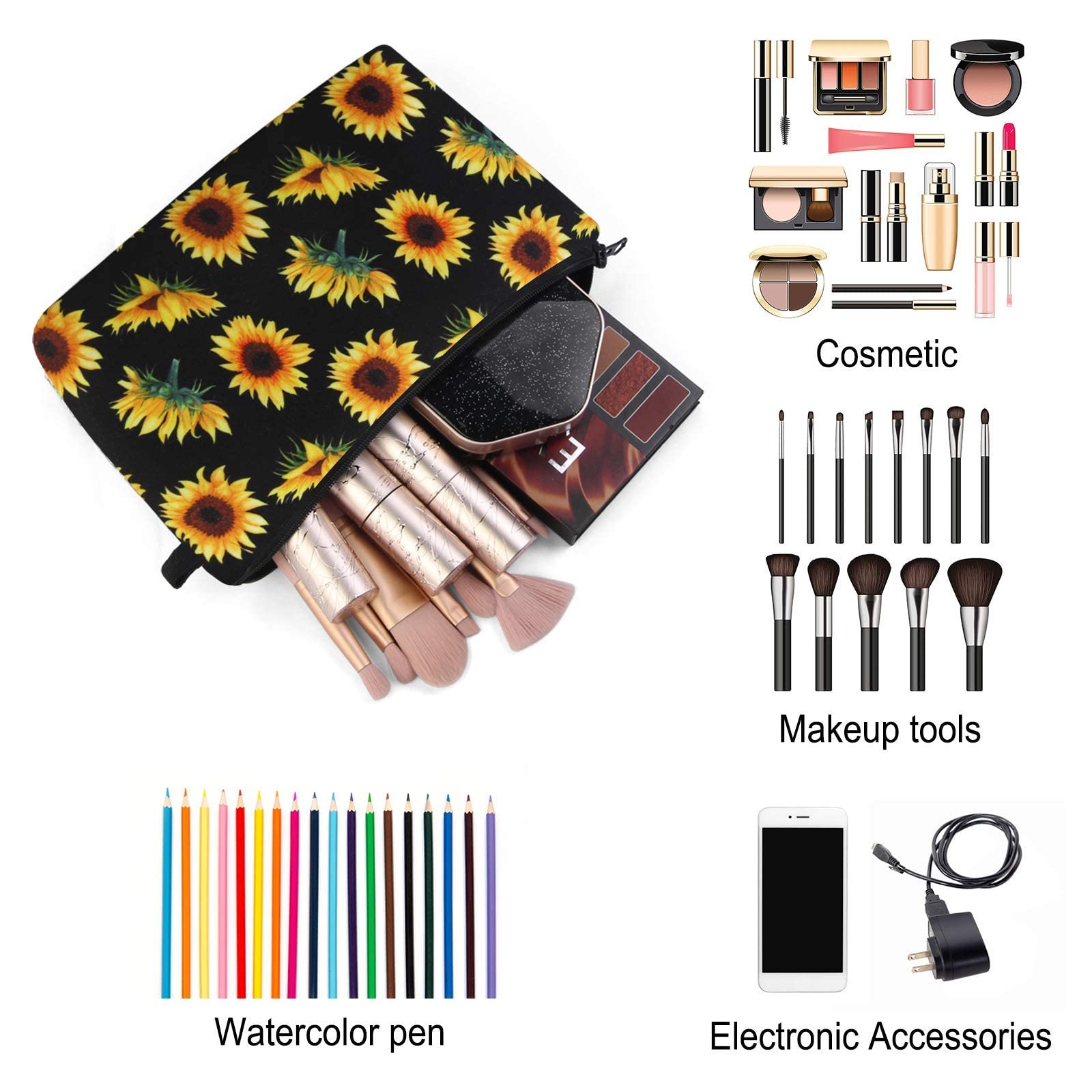Waterproof Sunflower Makeup Bag for Women - Portable Travel Cosmetic Pouch with Black Zipper, Multifunctional Small Organizer (1 Pack) | Perfect for Travel, Gym & Daily Essentials Storage