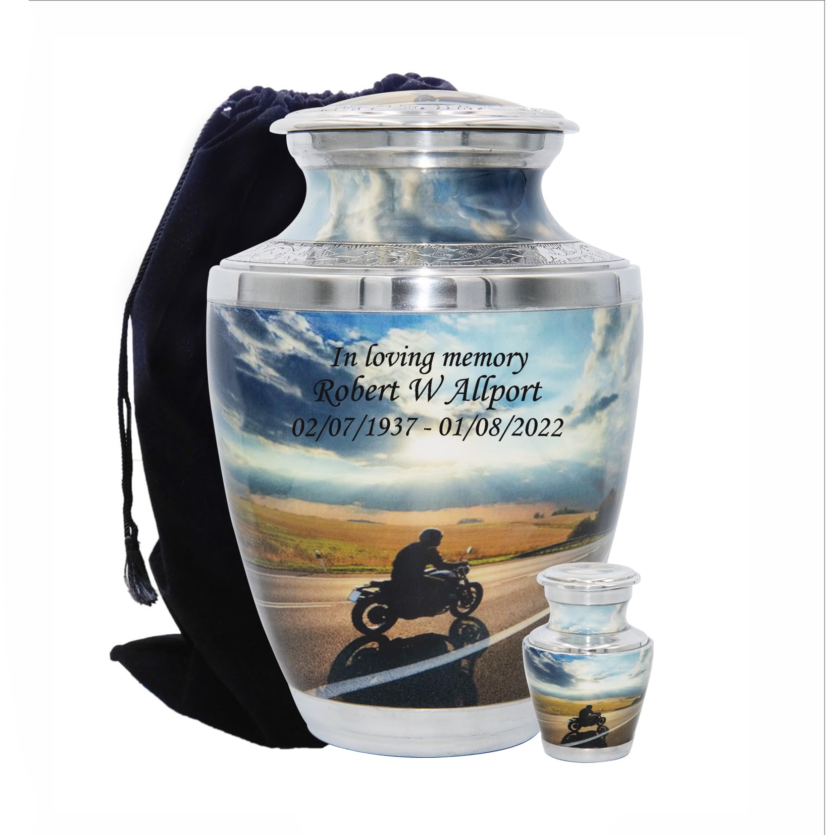 Motorcycle Lover's Cremation Urn with Velvet Bags & Custom Engraving - Large Motorcyclist Memorial Urn for Funeral, Ashes Keepsake - Perfect for Biker Memorial Services & Home Display