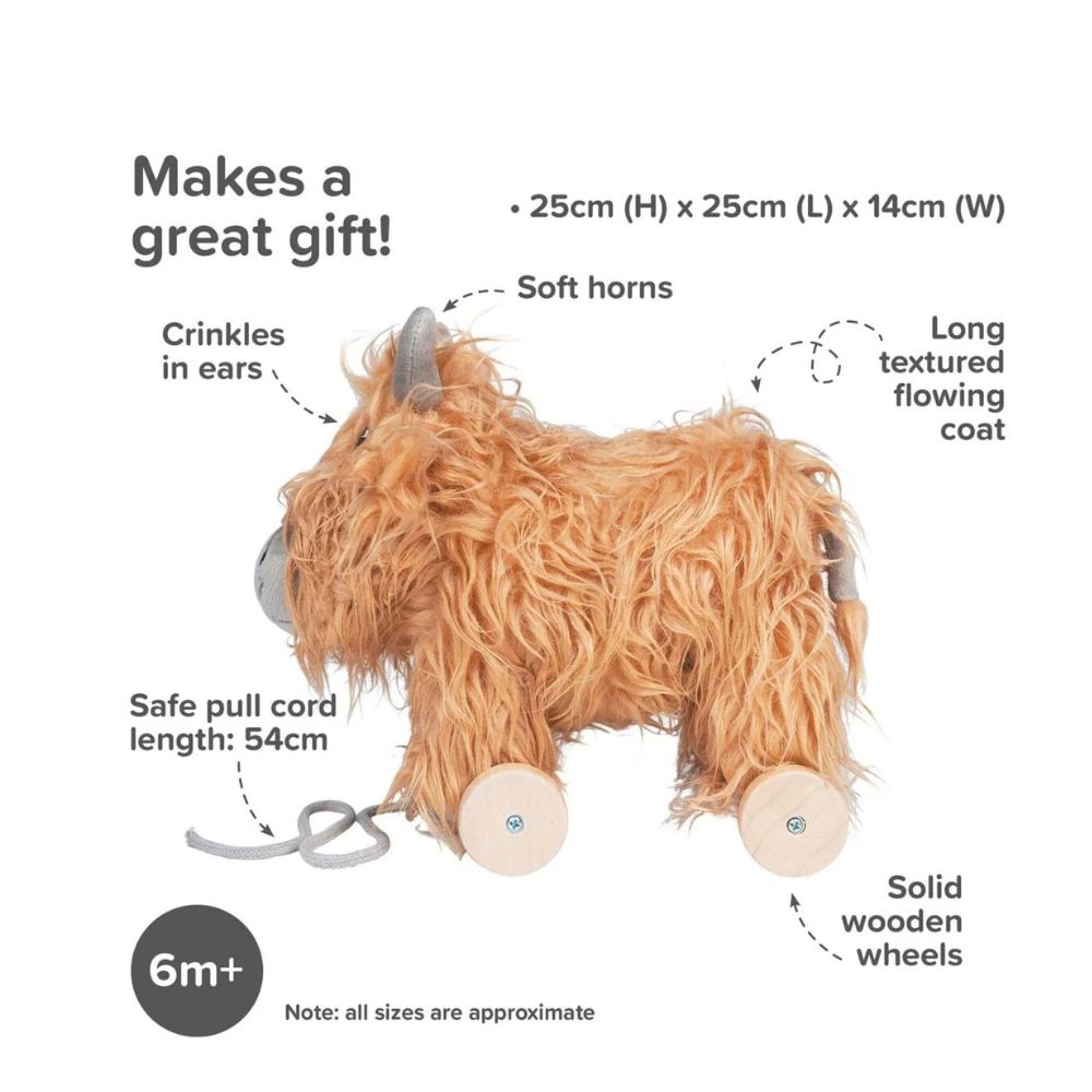 Highland Cow Pull Along Toy for Toddlers by Little Bird Told Me - Wooden Pull Toy for Kids Ages 1-3, Perfect for Early Learning & Playtime Fun