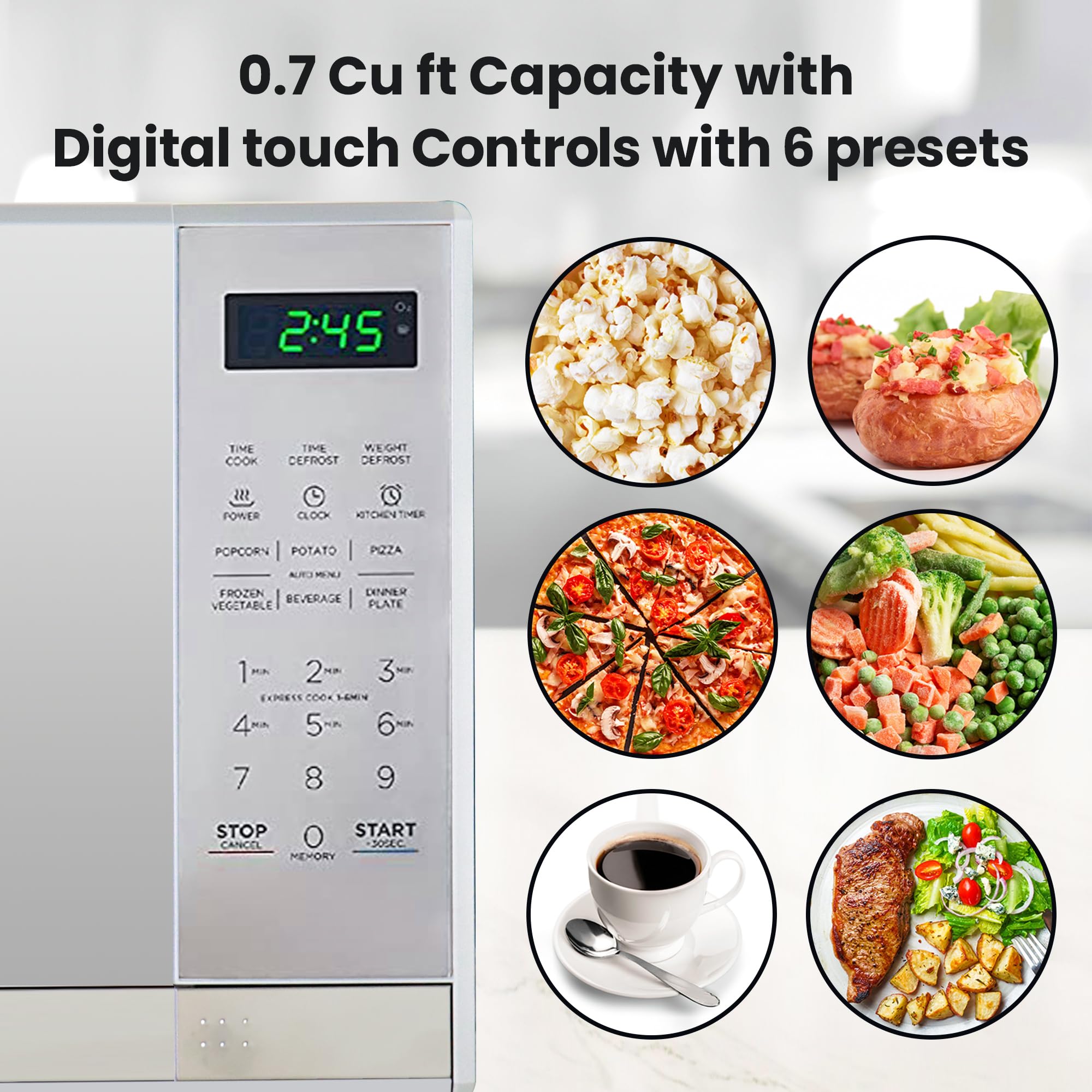 Total Chef 0.7 Cu Ft Compact Microwave Oven - 700W Countertop Microwave with Digital Touch Controls & 10 Pre-Set Cooking Modes - Perfect for Small Kitchens, Dorms, Offices & RVs - Fast Heating & Defrosting for Quick Meals