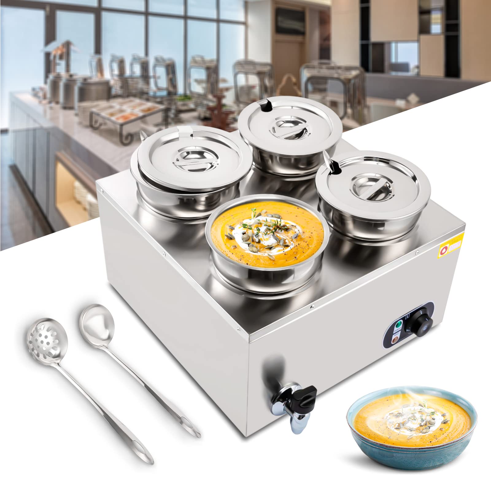 110V Commercial Food Warmer with 16.8 Qt Capacity - Adjustable Temperature 86-185℉ Stainless Steel Countertop Soup Warmer with Tap - Perfect for Restaurants, Cafes & Catering - Ideal for Keeping Cheese, Hot Dogs, Rice & Soups Warm