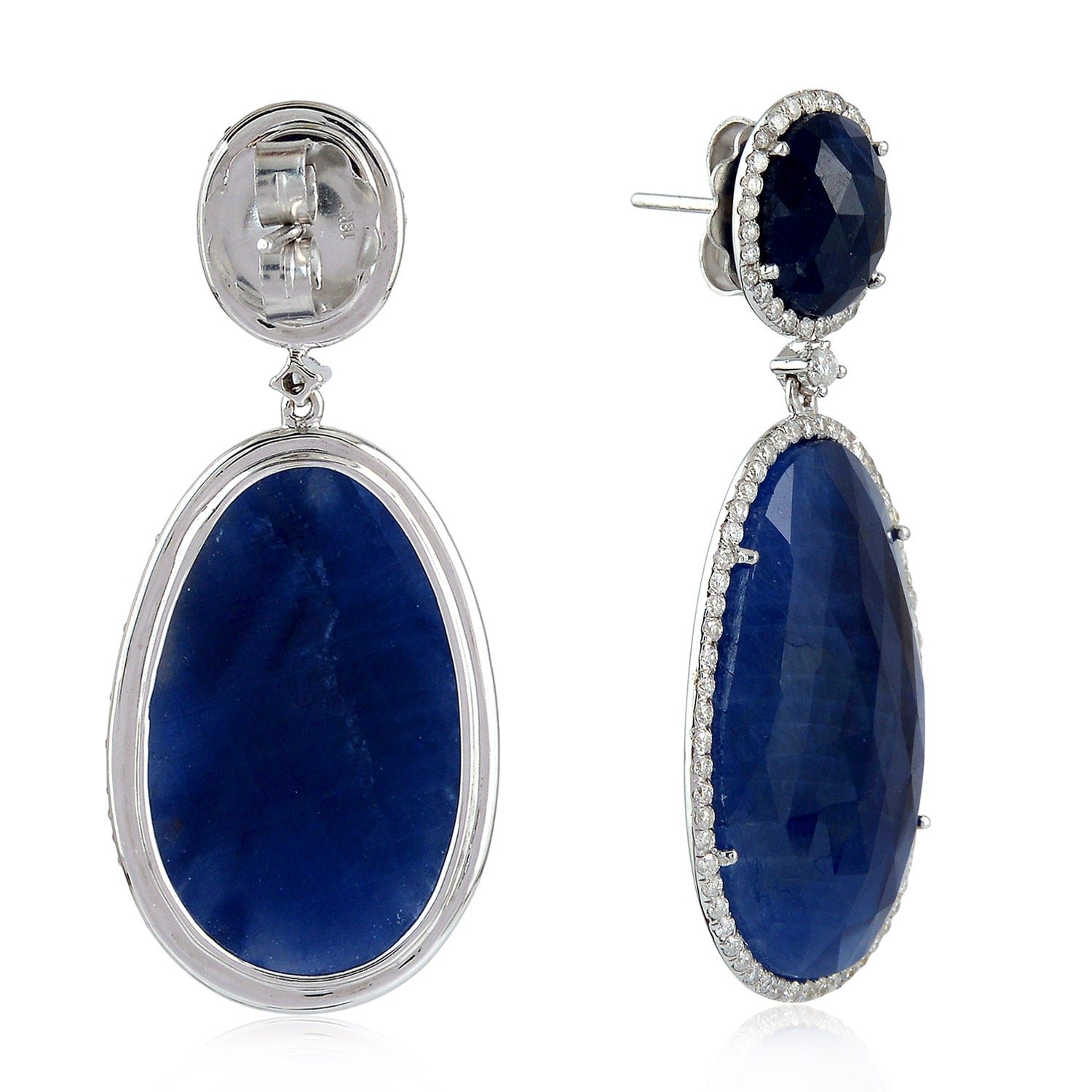 Blue Sapphire & Diamond Dangler Earrings in 14K White Gold – Oval Cut Gemstone Prong Setting for Weddings & Evening Events
