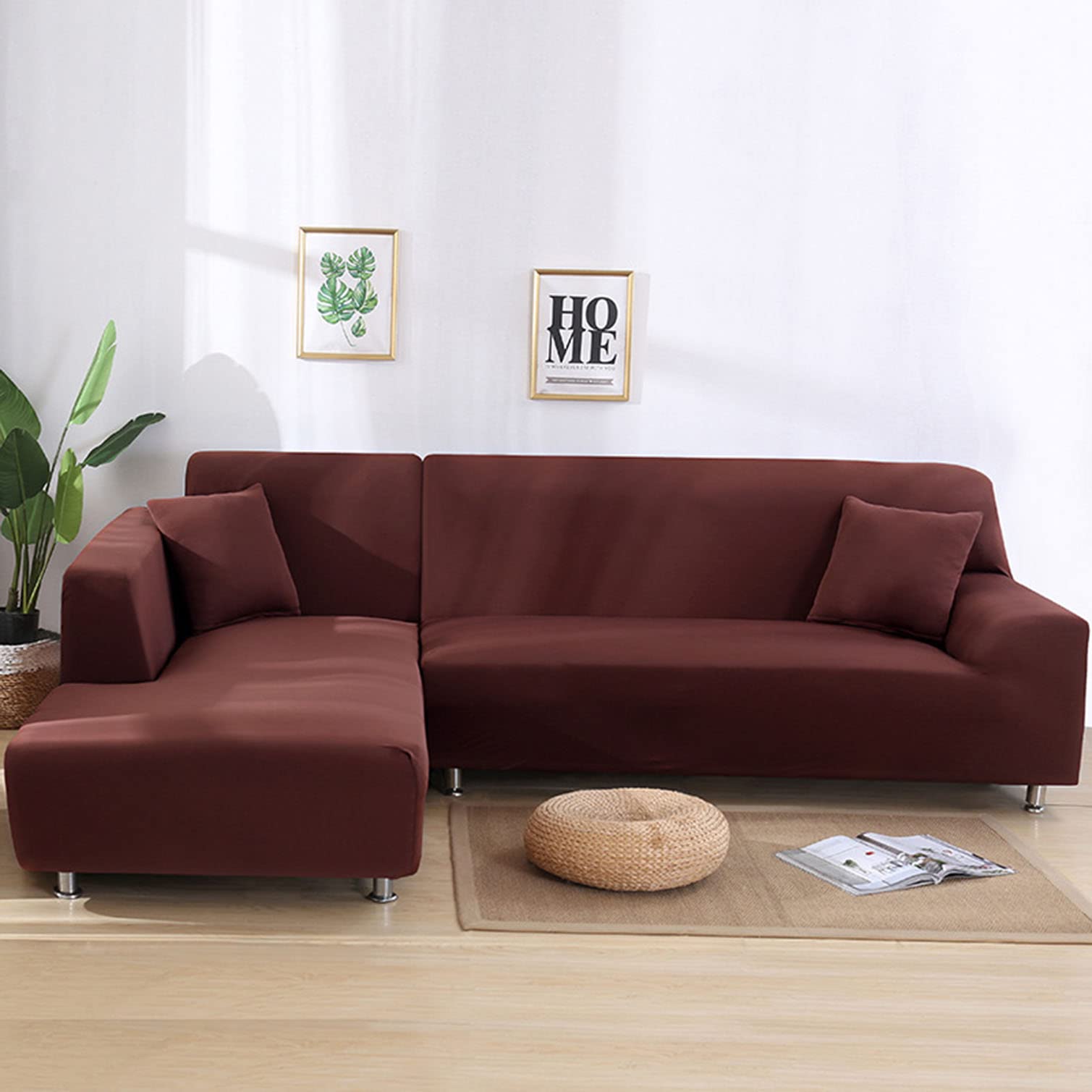 YOPOIY Non-Slip Milk Silk Sofa Slipcovers - Soft Modern L-Shaped Couch Covers, Sectional Furniture Protector in Light Coffee (2+4 Seater) for Living Room - Perfect for Home Decor, Family Gatherings & Pet Protection