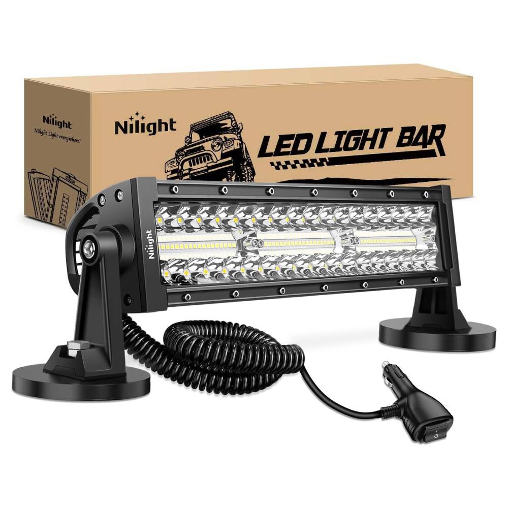 13.5 Inch 288W Triple Row 96LEDs Spot Flood LED Light Bar Kit with Cigarette Lighter & 10FT Wire - Heavy Duty Magnet Bases for Off-Road Trucks, ATVs, UTVs, Boats, and Emergency Vehicles - Waterproof & Dustproof for All-Weather Use