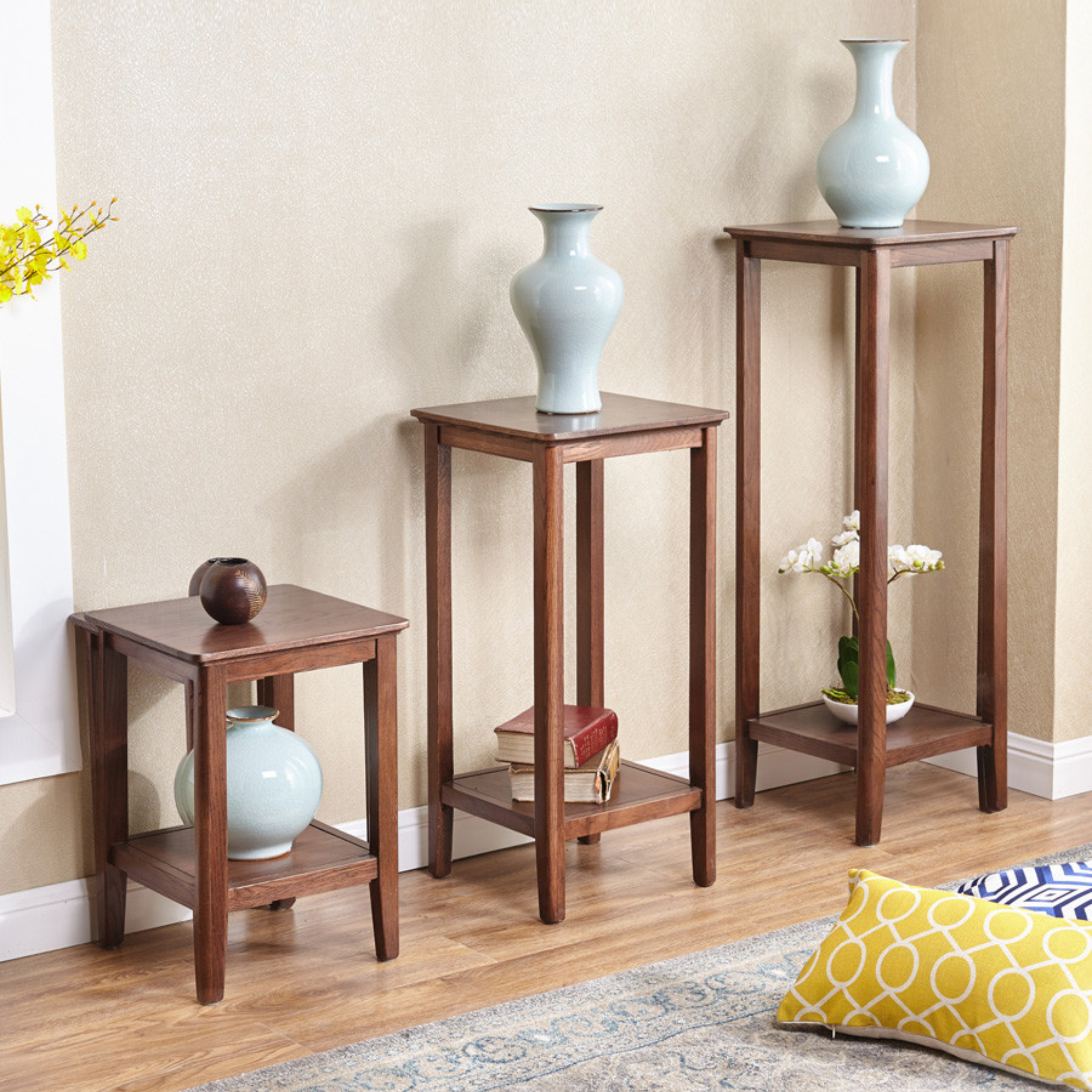 Solid Oak Wood Walnut Finish Flower Stand - Rustic Home Decor for Living Room, Balcony & Garden Plant Display