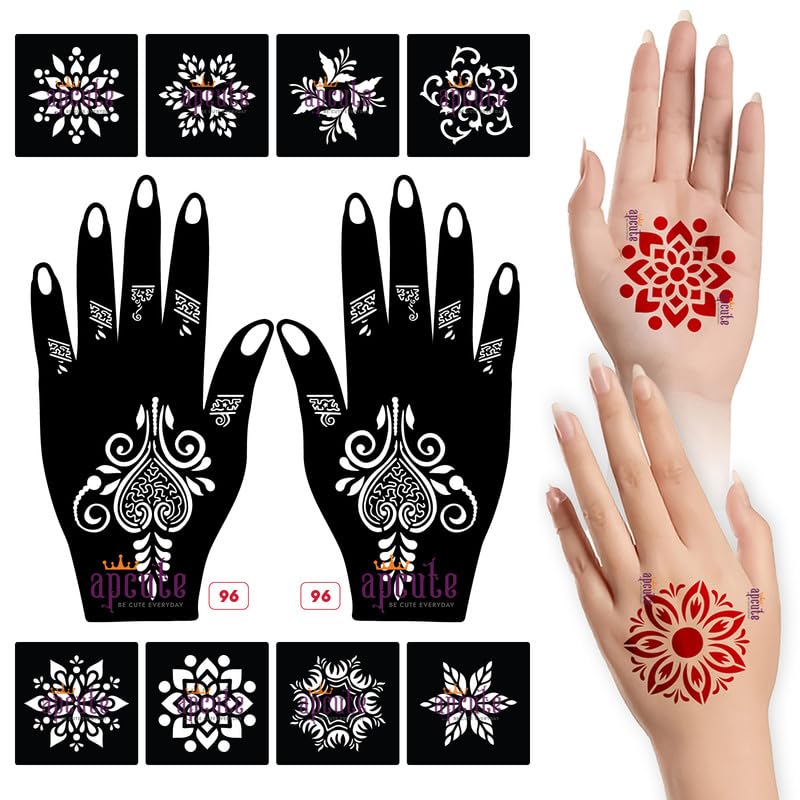 Apcute 12-Piece Henna Tattoo Stencil Kit for Women, Girls & Kids - Easy DIY Temporary Body Art Stickers for Beach, Summer & Festival - Perfect for Weddings, Parties & Vacation Fun
