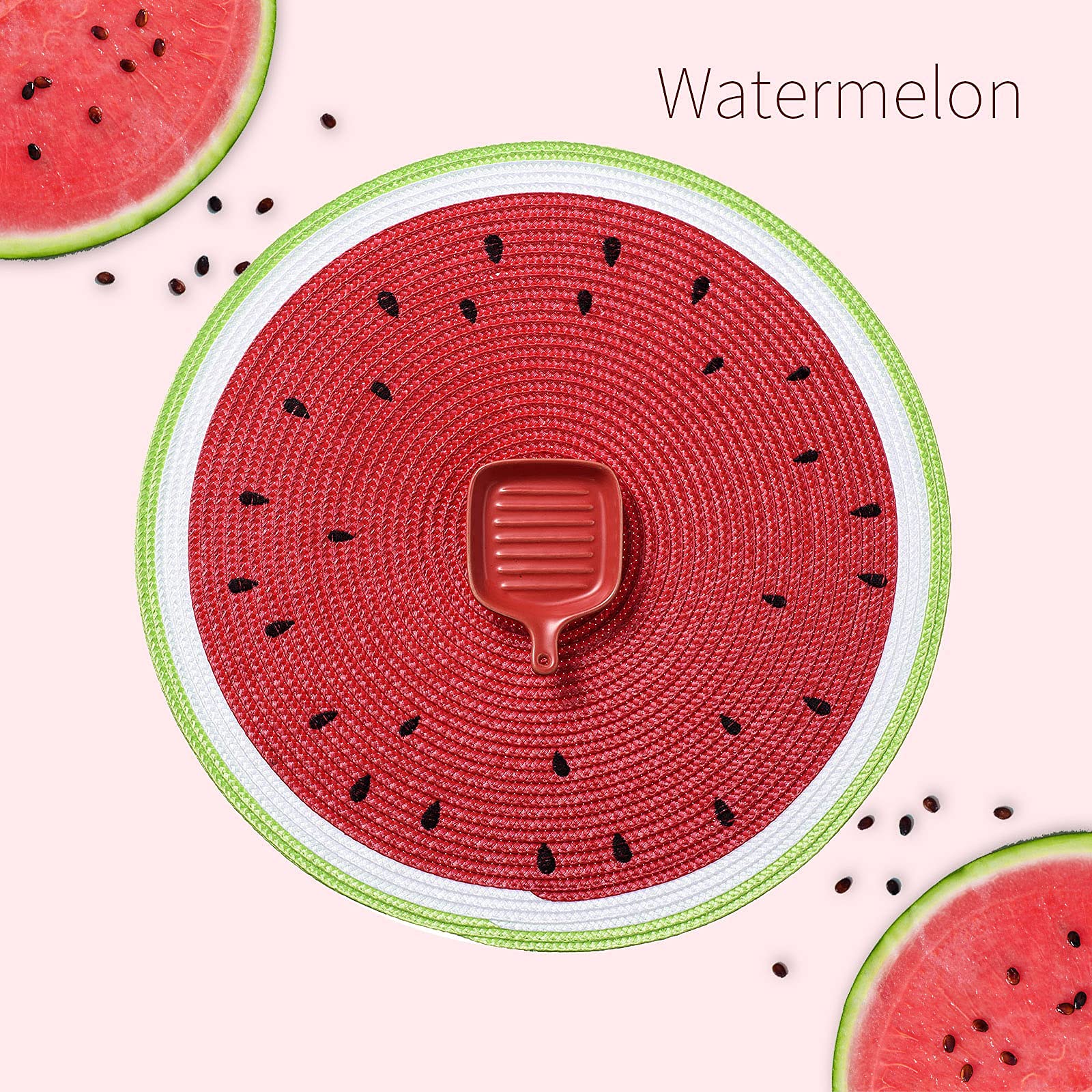 AHHFSMEI 15 Inch Round Braided Placemats Set of 6 - Natural Woven Heat Resistant Table Mats for Dining, Kitchen, and Outdoor Use (Watermelon Red)