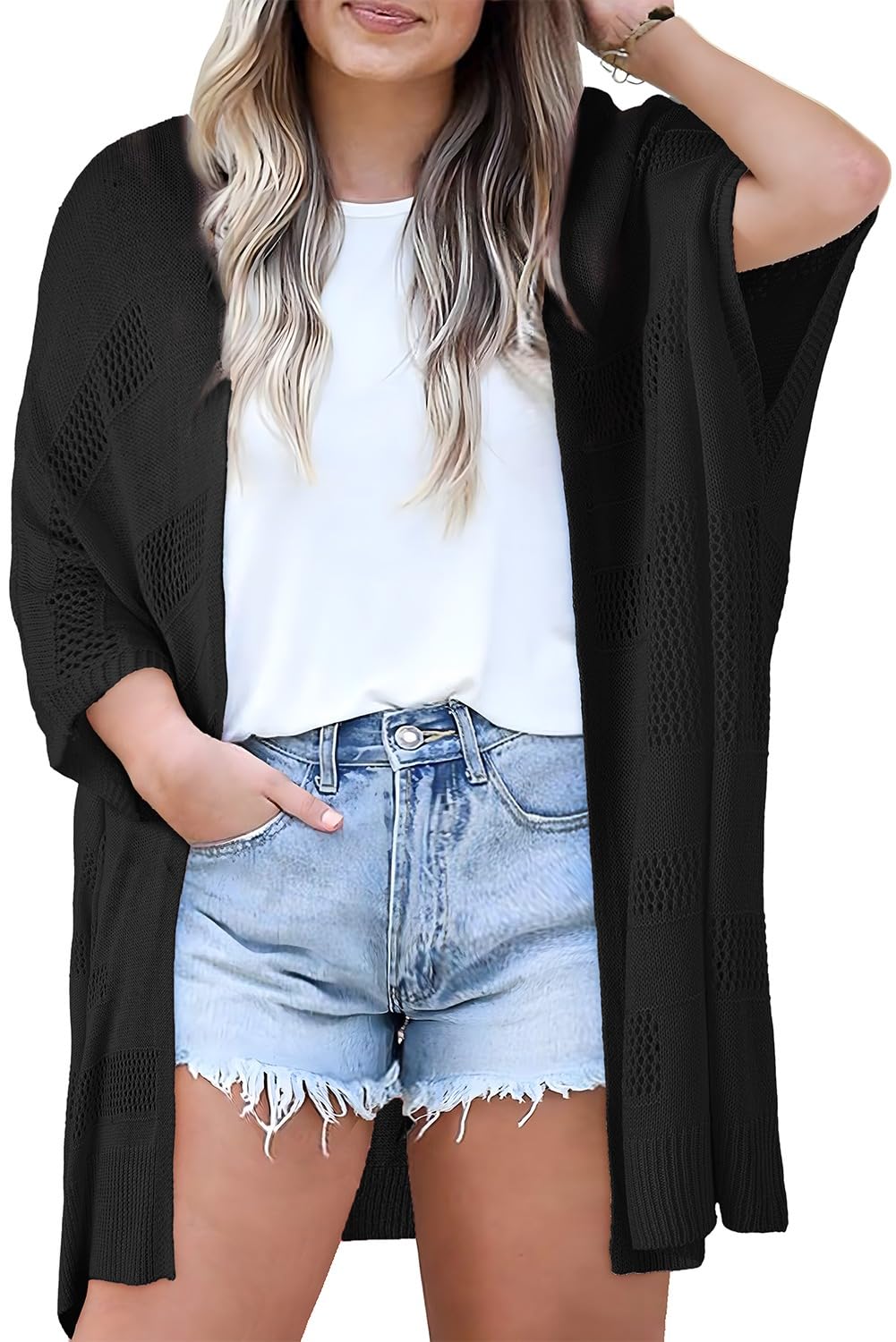 Eytino Women's Plus Size Hollow Out Open Front Long Sleeve Knit Cardigan Sweater (1X-5X) - Perfect for Fall Layering, Office Wear & Casual Outfits