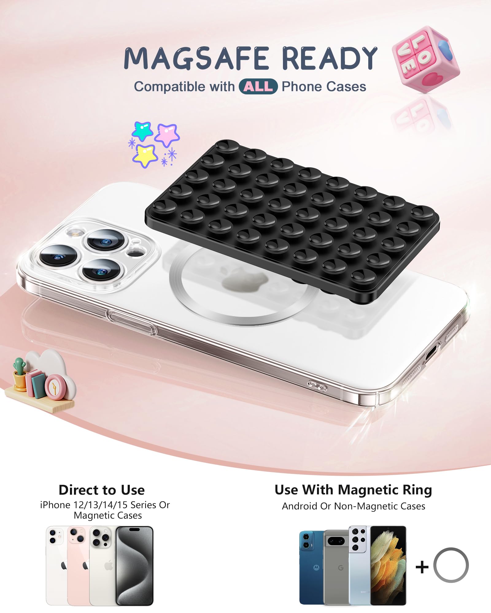 Strong Suction Cup Phone Mount with Magnetic Ring - Silicone Sticky Grip for iPhone & Android - Double Sided Phone Holder for Selfies, Videos & TikTok - Black Floral Design - Perfect for Car Dashboard, Office Desk & Home Use