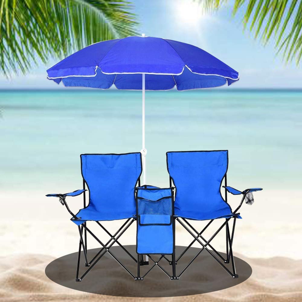 Portable Double Folding Picnic Chair with Umbrella, Mini Table & Beverage Holder - Lightweight Beach Camping Chair with Carrying Bag for Outdoor, Patio, Pool, Park, Backyard & Travel - Perfect for Picnics, BBQs, Camping & Beach Relaxation