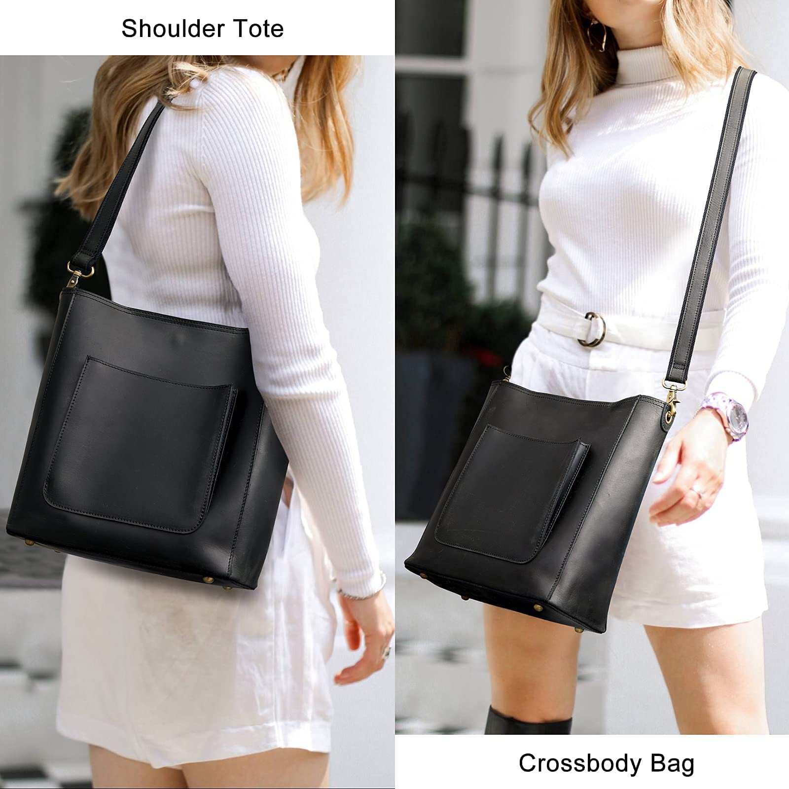 S-ZONE Genuine Leather Tote Bag for Women - Stylish Shoulder Handbag with Matching Crossbody Purse (Black) | Perfect for Work, Travel & Everyday Use