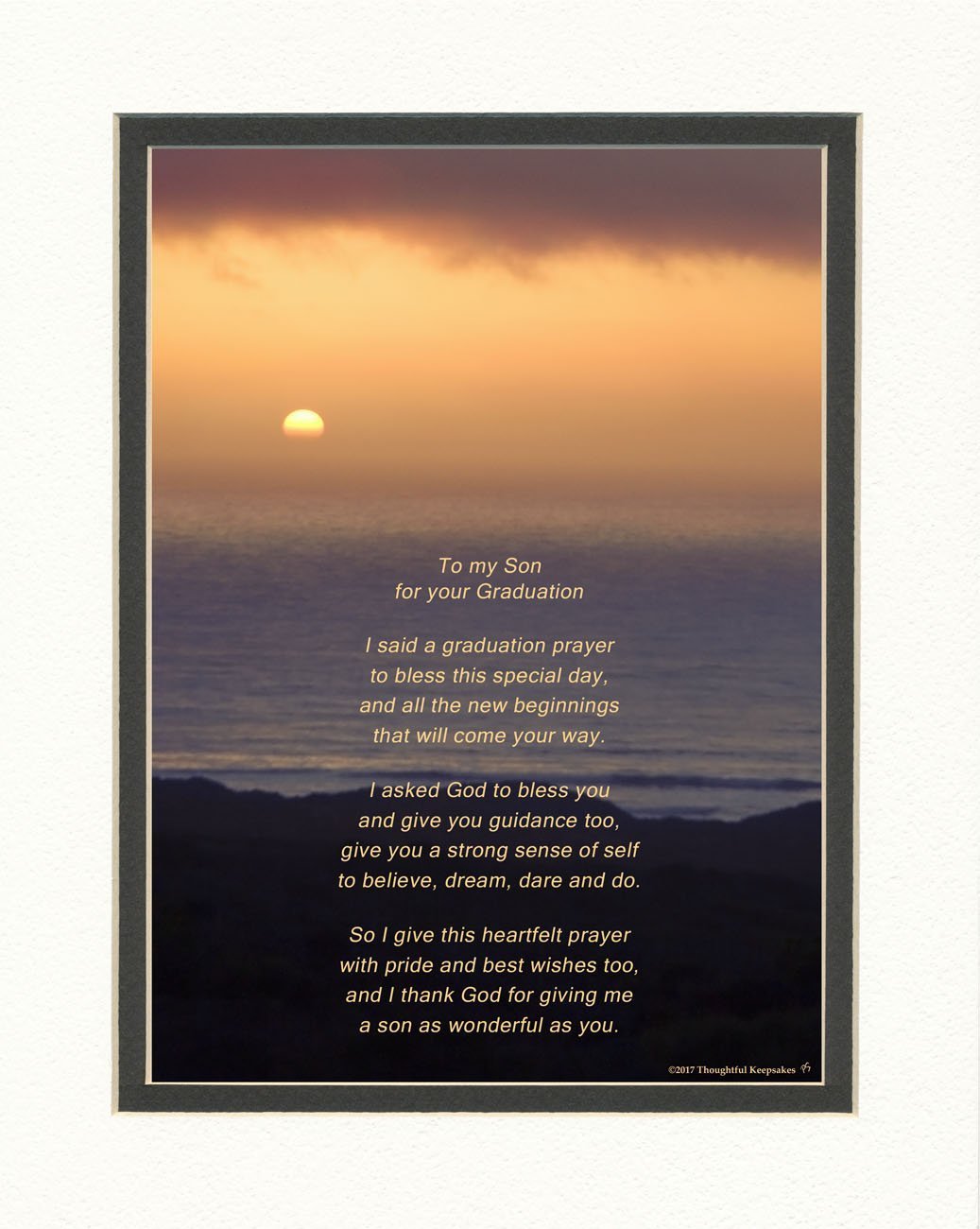 Son Graduation Gift - 8x10 Double Matted Ocean Sunset Photo with Prayer Poem | Unique Keepsake for College & High School Graduates | Perfect for Dorm Decor, Graduation Party Display & Sentimental Gift Giving