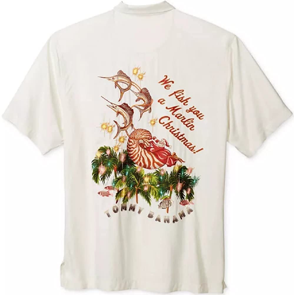 Tommy Bahama Embroidered Marlin Christmas Silk Camp Shirt for Men - Hawaiian Style Holiday Party Wear & Summer Vacation Shirts - Perfect for Beach Outings, Tropical Getaways & Festive Celebrations