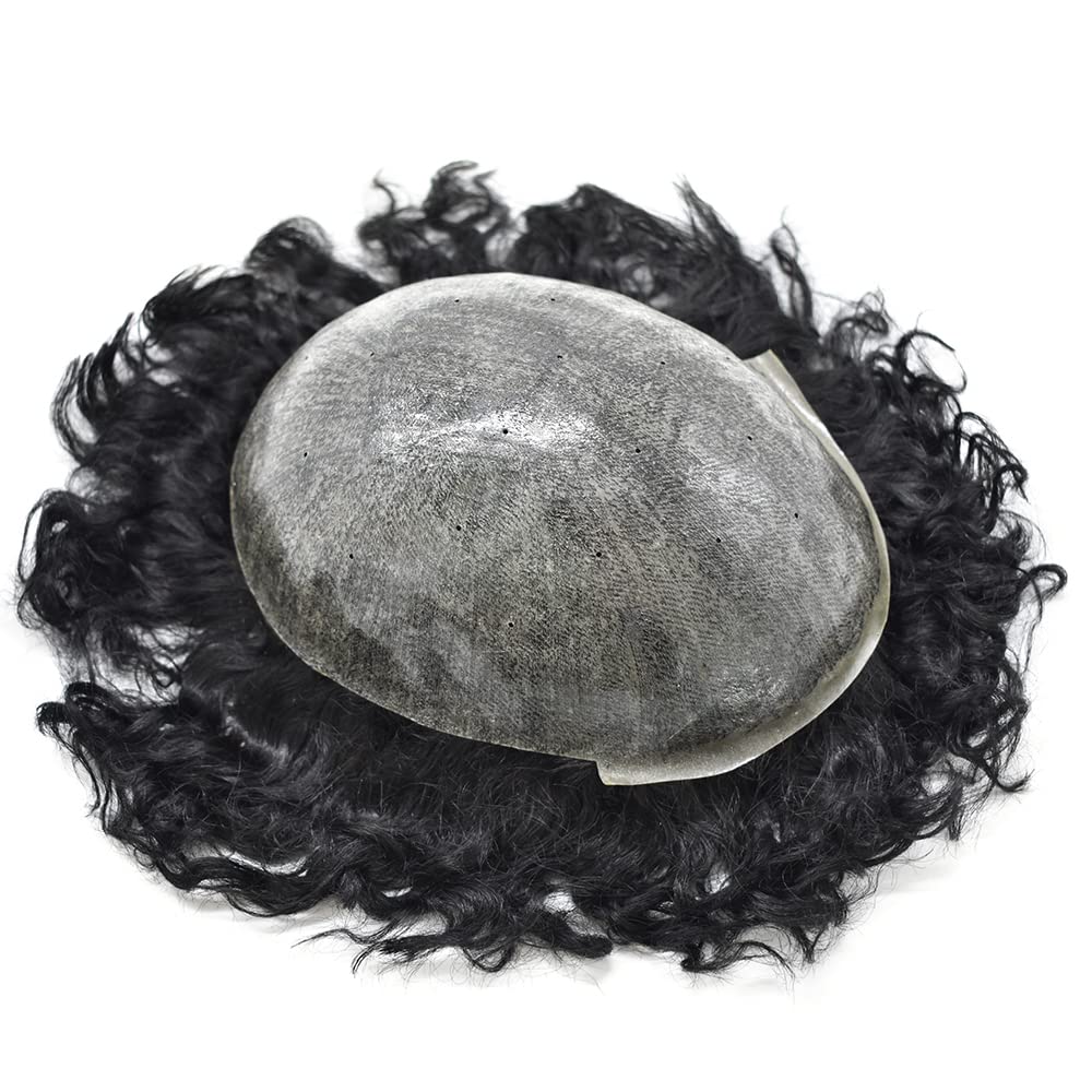 20mm Curly Human Hair Toupee for Men - Wavy Kinky Hair Replacement System - Full PU Base Hairpiece - 8x10 Inch 120% Light Medium Density - Jet Black #1 - Natural Look for Thinning Hair - Perfect for Daily Wear, Special Occasions & Cosplay