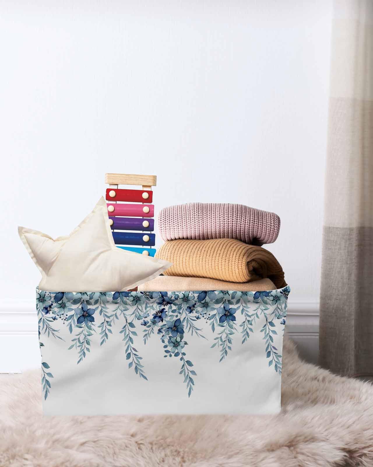 Blue Eucalyptus Leaves Cube Storage Organizer Bins with Handles - 15x11x9.5 Inch Collapsible Canvas Fabric Storage Basket for Books, Toys & Closet Organization - Decorative Weeping Blossom Vine Leaves Design - Perfect for Home, Office & Nursery (1 Pack)