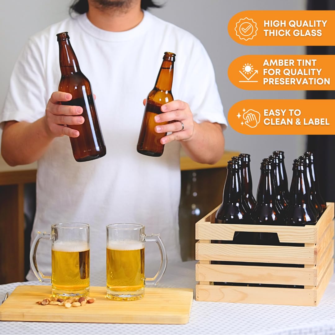 Premium 12 oz Amber Glass Longneck Beer Bottles - Pack of 48 | Food Grade, Refillable & Eco-Friendly Home Brewing Bottles with Crown Caps | Perfect for Craft Beer, Kombucha, Cider & Homemade Beverages | Made in USA