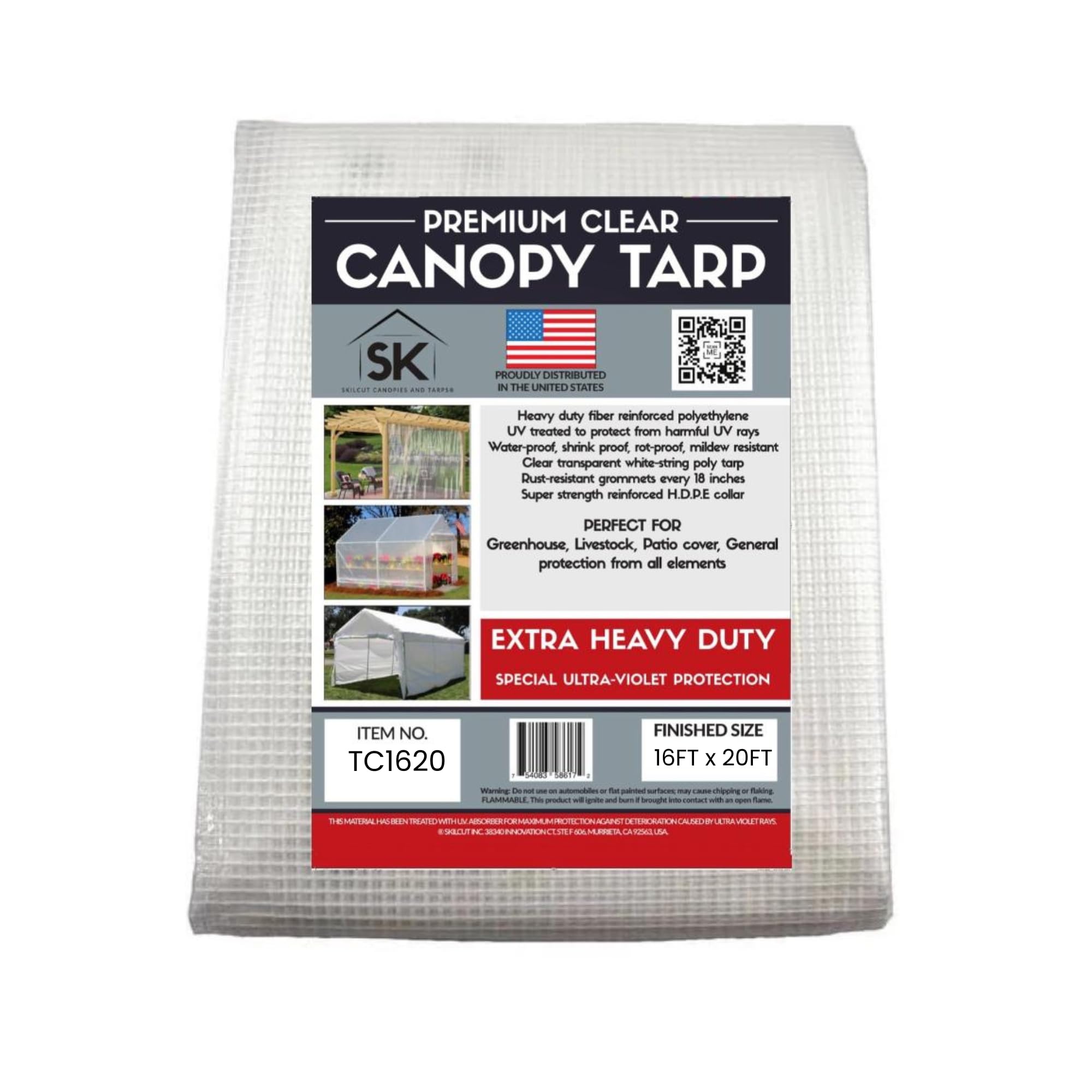 16 Mil Heavy Duty Clear Poly Tarp with Fiber Reinforcement - UV Resistant, Tear Proof, Flexible & Reinforced Corners (16x20 ft) - Perfect for Outdoor Covers, Construction Sites, Camping & Equipment Protection