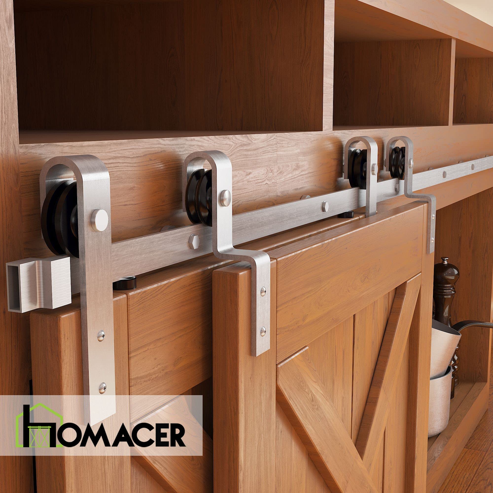 Homacer Mini Brushed Nickel Single Track Bypass Sliding Barn Door Hardware Kit - 102-inch Long Flat Track for 3 Doors with Straight Design Rollers | Perfect for Cabinet, TV Stand, Console, and Room Divider Installation