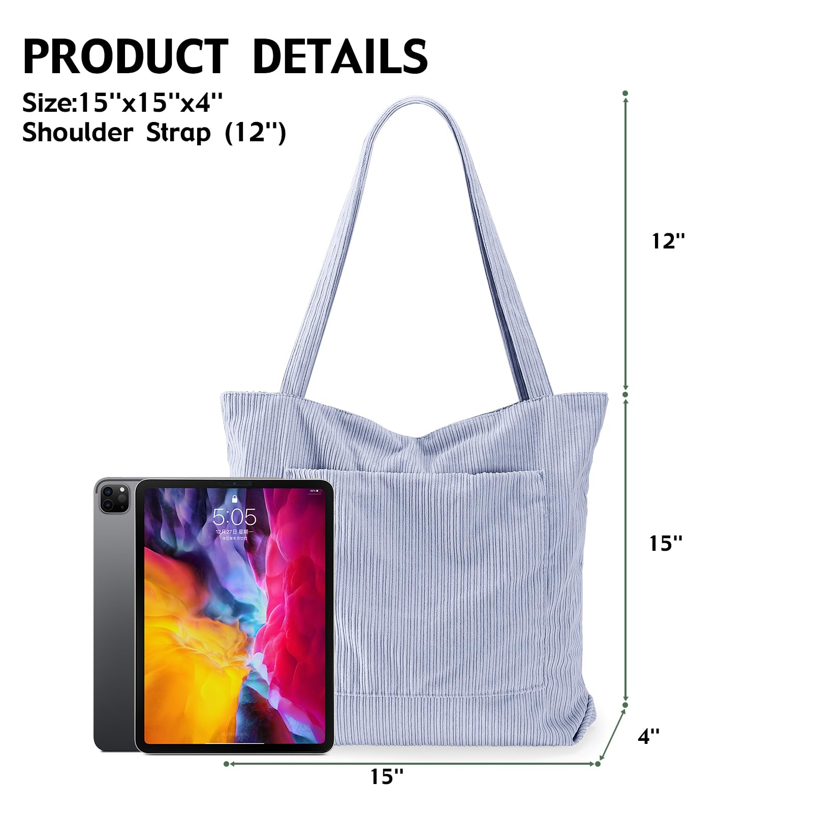 Stylish Corduroy Tote Bag for Women - Large Zippered Hobo Shoulder Bag - Durable Work & Shopping Handbag for Office, Commute & Travel