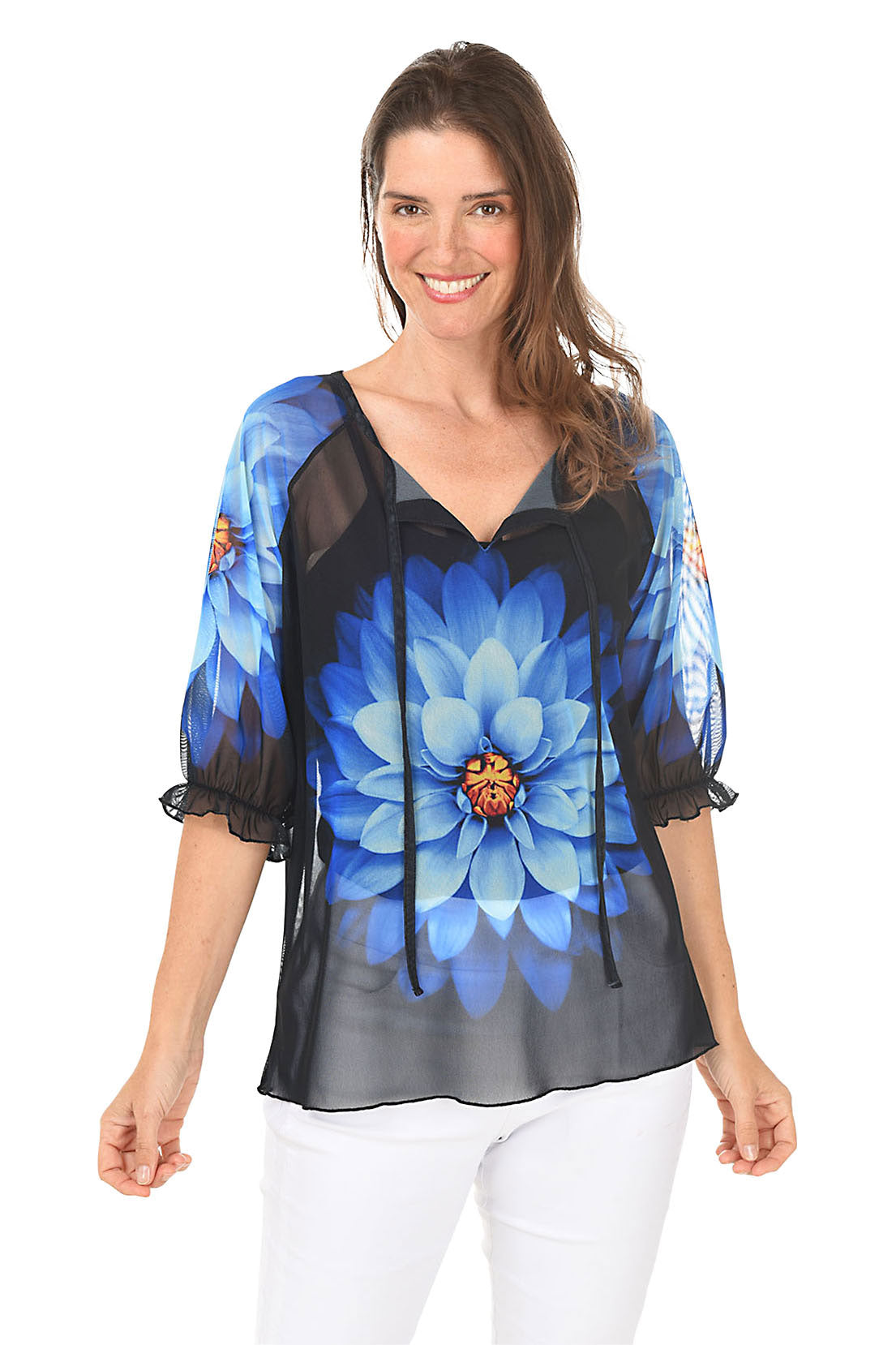 Blooming Flower Ruffle Sleeve Mesh Top for Women - Floral Print Summer Blouse for Casual Wear, Date Night & Party Outfits