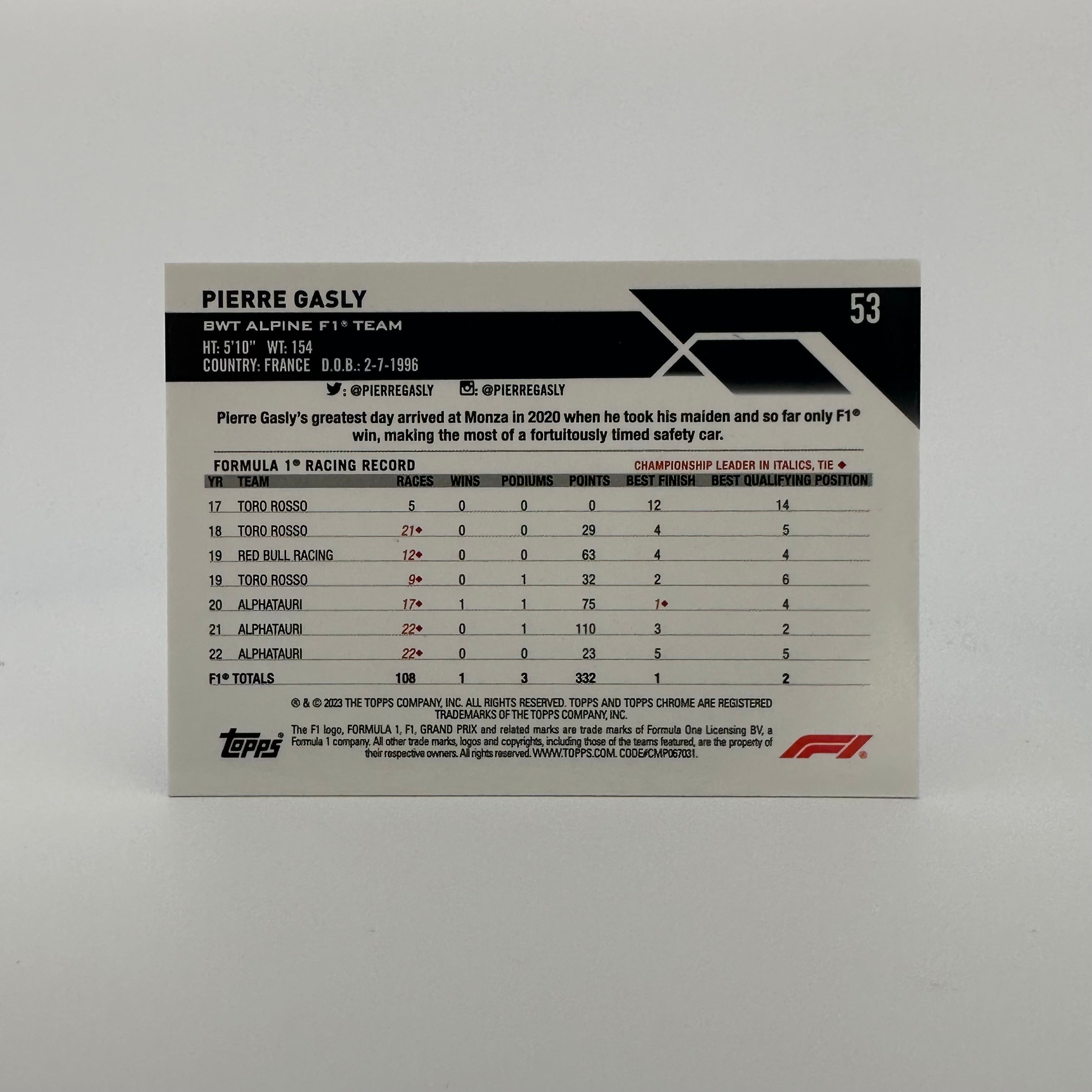 2023 Topps Chrome Sapphire Pierre Gasly #53 Purple 10/10 - Limited Edition Racing Driver Trading Card for Collectors & Fans