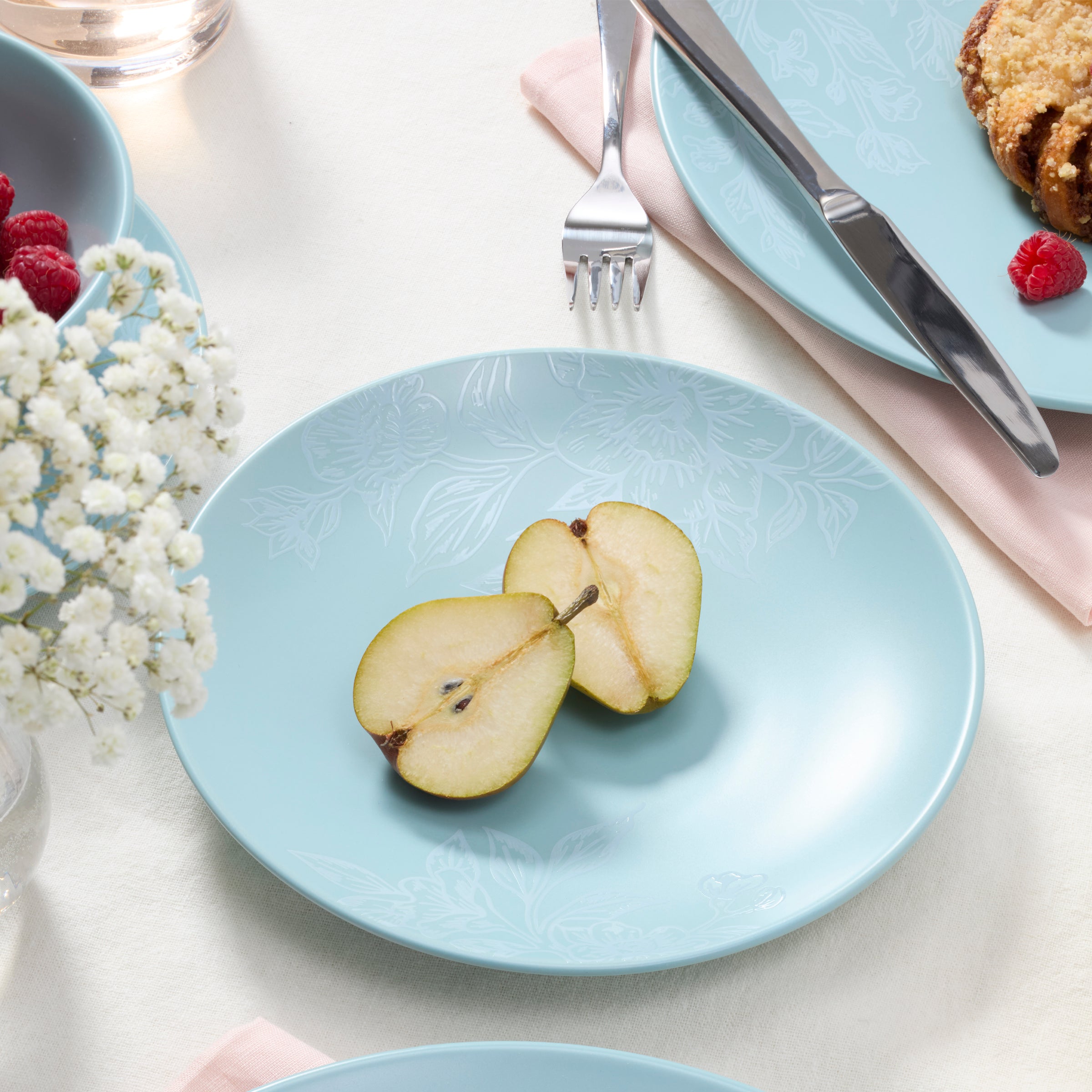 Roseto French Blue 12-Piece Dinnerware Set - Elegant Porcelain Plates, Bowls & Mugs - Perfect for Formal Dining, Dinner Parties & Home Decor