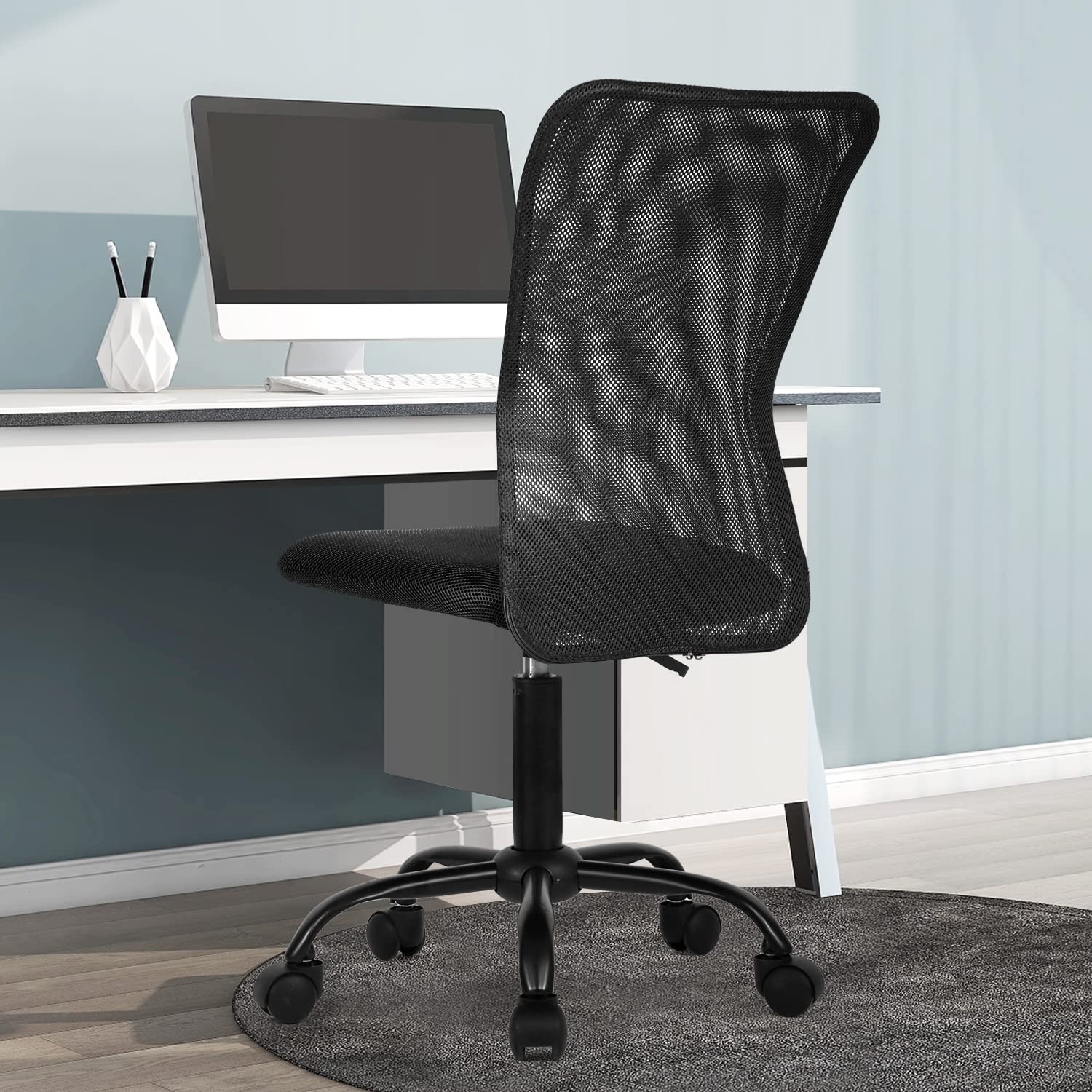Ergonomic Armless Office Chair - Adjustable Height Mesh Computer Desk Chair with Wheels, Swivel Task Chair for Small Spaces, Bedroom & Home Office - Perfect for Students & Professionals (Black)