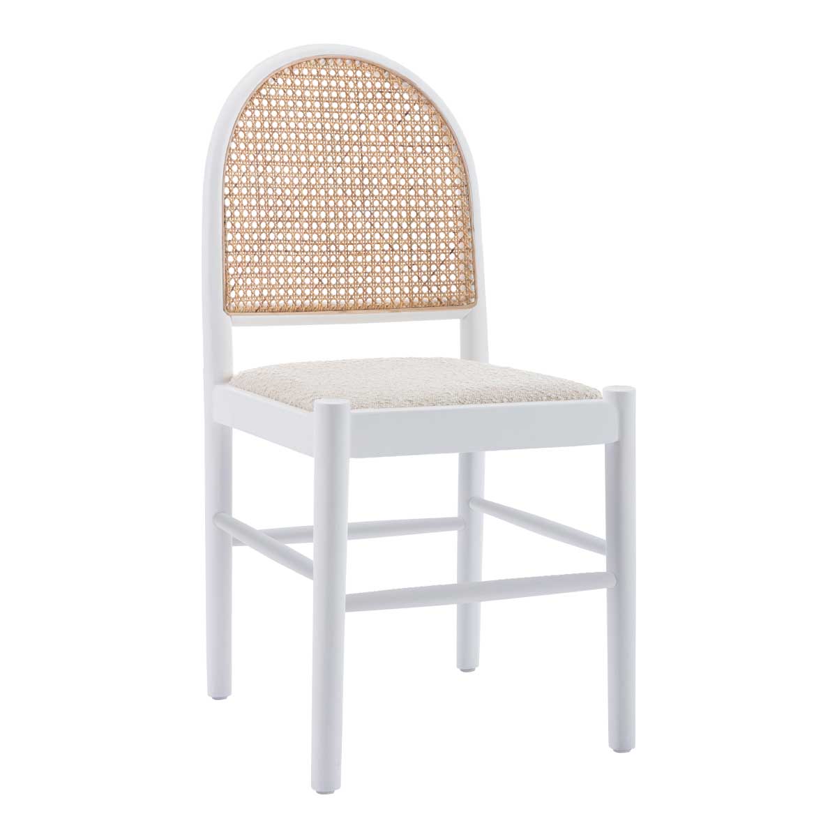 Capri Rattan Boucle Arch Dining Chair - Modern Woven Rattan Accent Chair for Kitchen, Dining Room, or Patio - Comfortable & Stylish Seating for Indoor and Outdoor Use