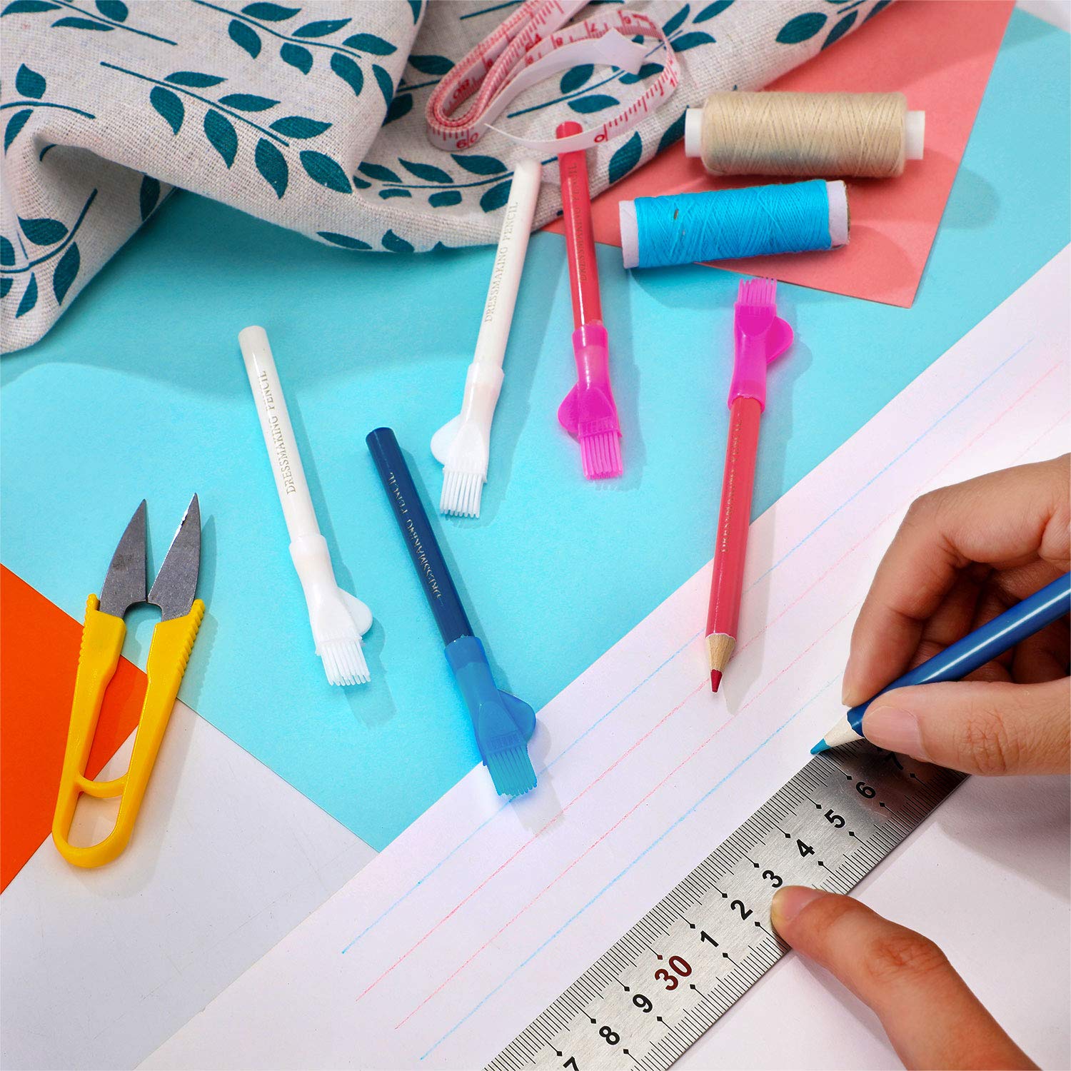 12-Piece Water Soluble Fabric Marking Pencils with Brush Cap - Tailor's Chalk for Sewing, Quilting & Dressmaking - Perfect for DIY Projects, Fabric Tracing & Professional Tailoring