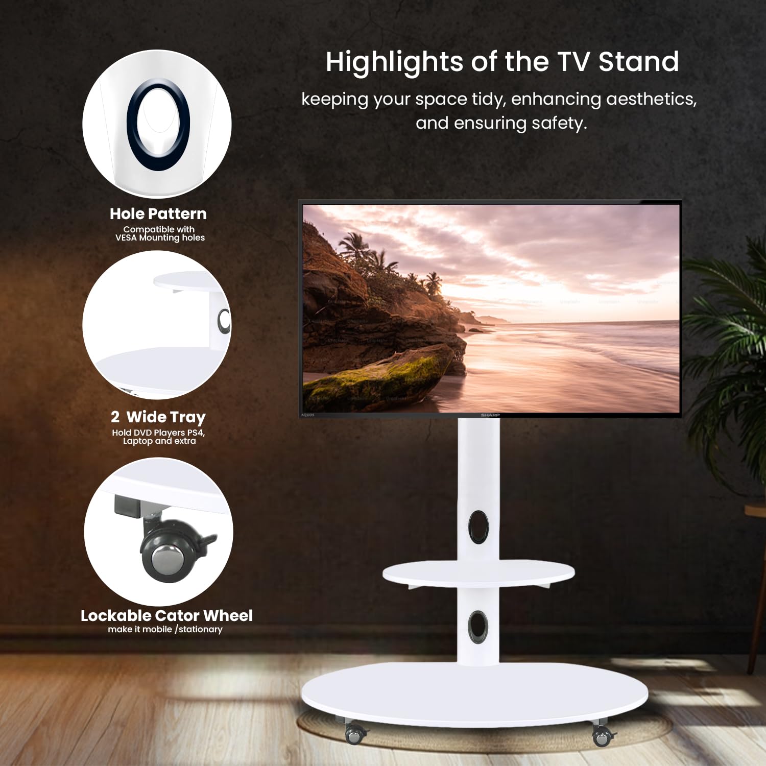 Adjustable Height Wooden & Metal Mobile TV Stand with Wheels for 65 Inch LED/Smart TV - White Oval Trolley TV Unit for Living Room, Bedroom & Home Theater