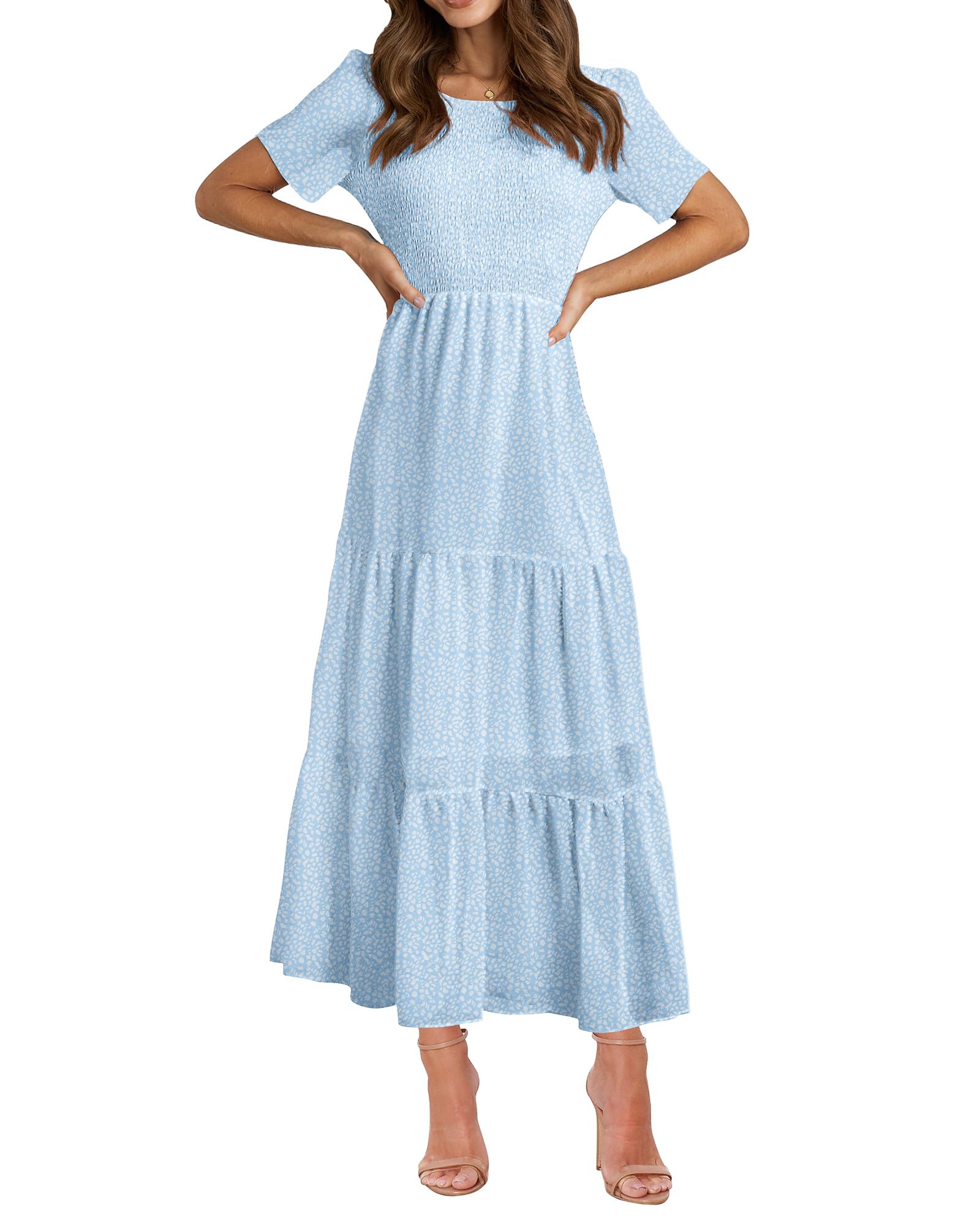 BTFBM Women's Bohemian Floral Print Short Sleeve Maxi Dress - Casual Summer Tiered Cocktail Dress with Crew Neck & Flowy Design | Perfect for Beach Vacations, Music Festivals, and Date Nights