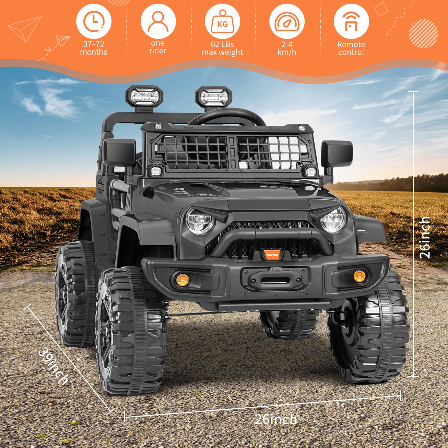Kimbosmart 12V Kids Electric Ride-On Car with LED Lights, Horn, Radio & USB/AUX/MP3 - Black | Fun Outdoor Toy Vehicle for Toddlers & Children | Perfect for Birthday Gifts, Backyard Play & Park Adventures