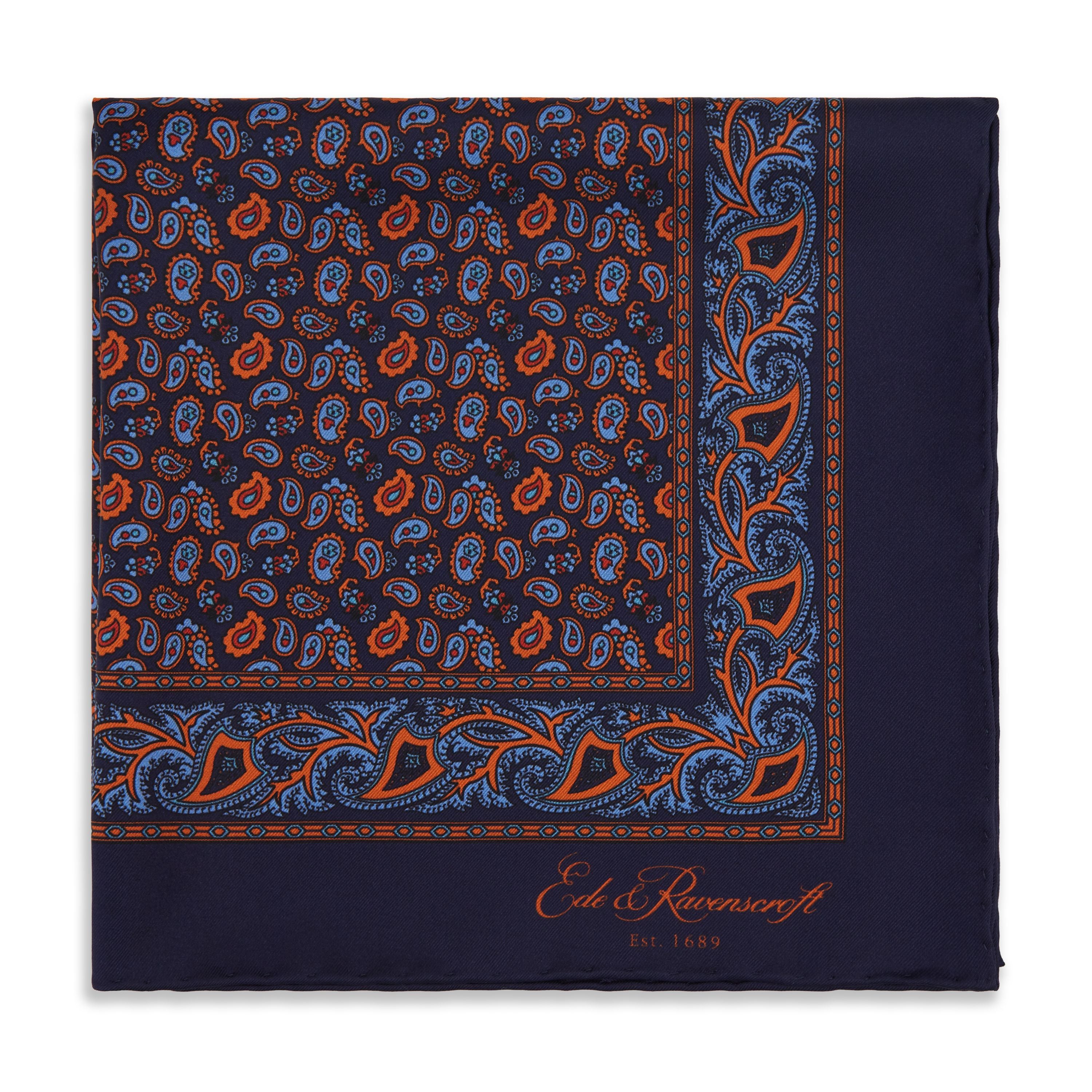 Navy and Orange Paisley Madder Silk Pocket Square for Men - Elegant Handkerchief for Weddings, Business Suits & Formal Occasions