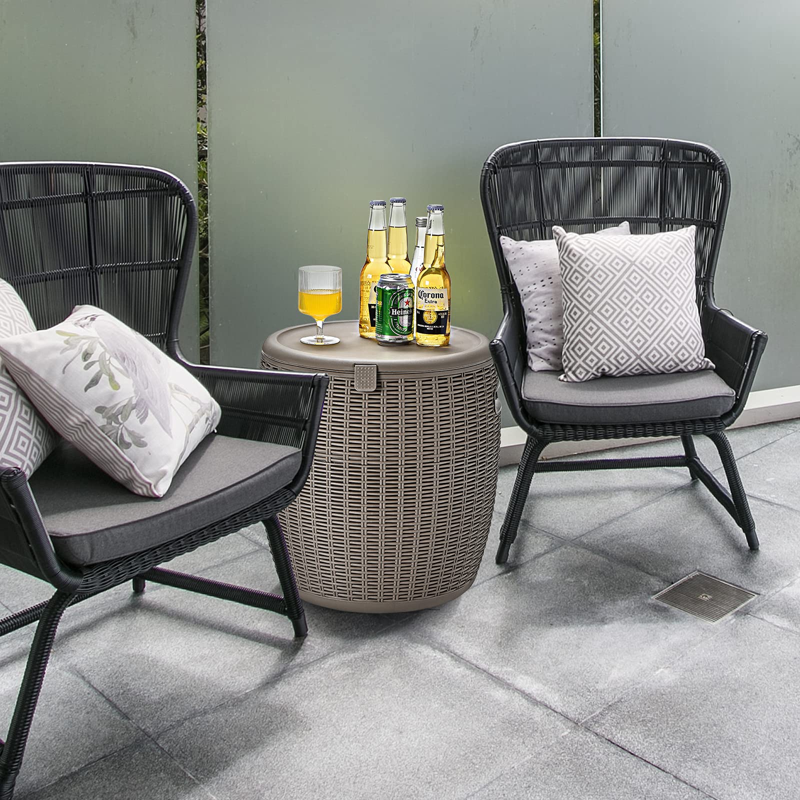 Tangkula 9.5 Gallon Outdoor Cooler Bar Table - Wicker Patio Ice Bucket Side Table with Lid & Handles - Perfect for Beer, Wine & Drinks - Ideal for Poolside, Deck, Backyard Parties & Outdoor Entertaining