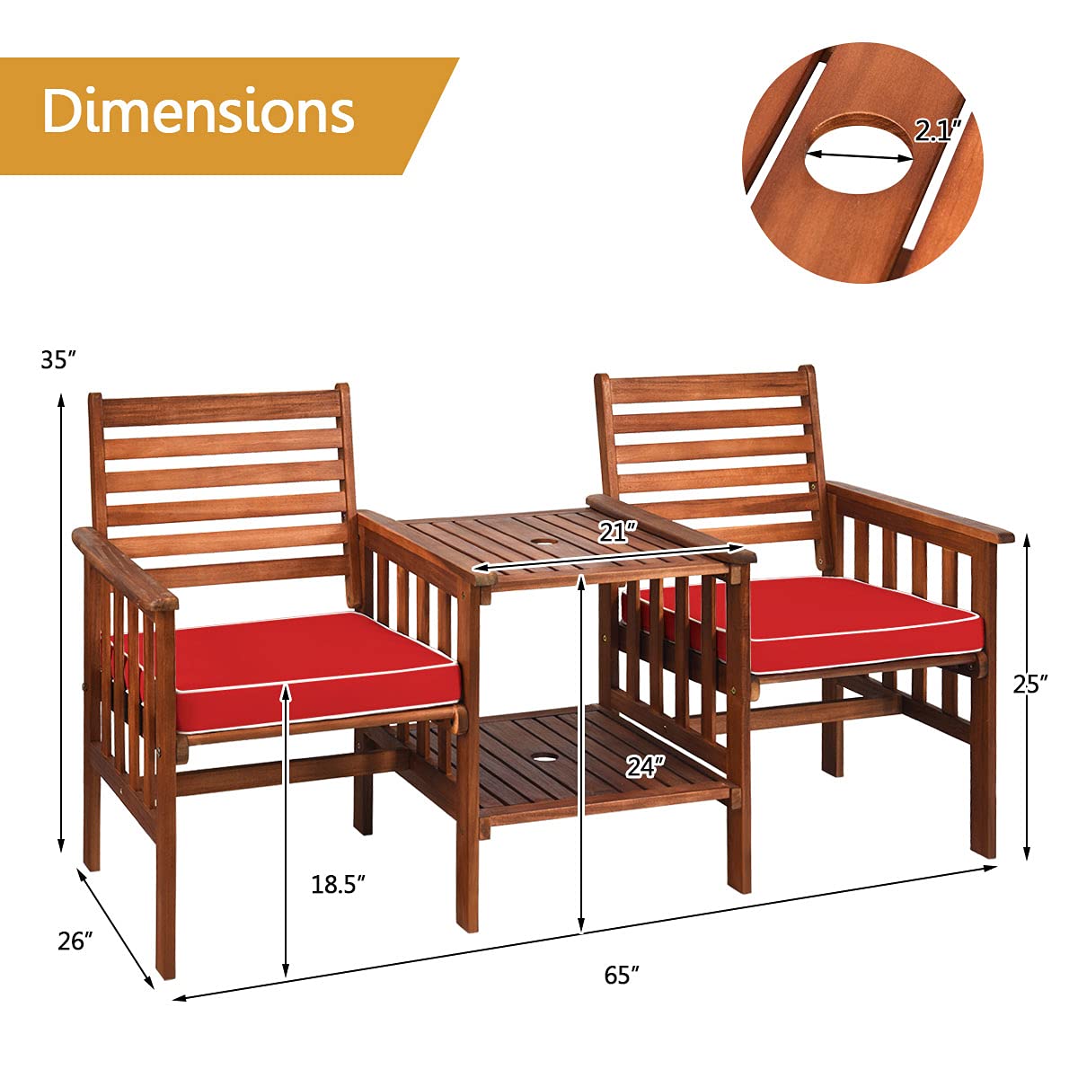 Acacia Wood Loveseat with Table - 2-Piece Outdoor Patio Bistro Set with Cushions & 2.1