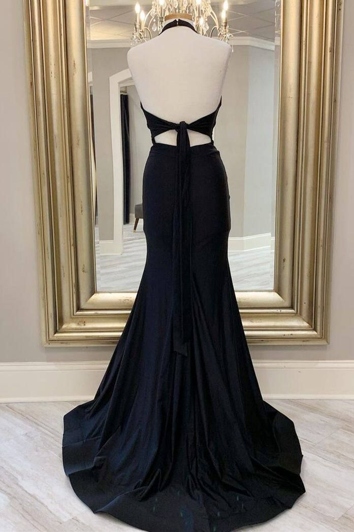 Elegant Black Mermaid Evening Gown with Halter Neckline - Formal Long Dress J4380 for Prom, Wedding & Special Occasions