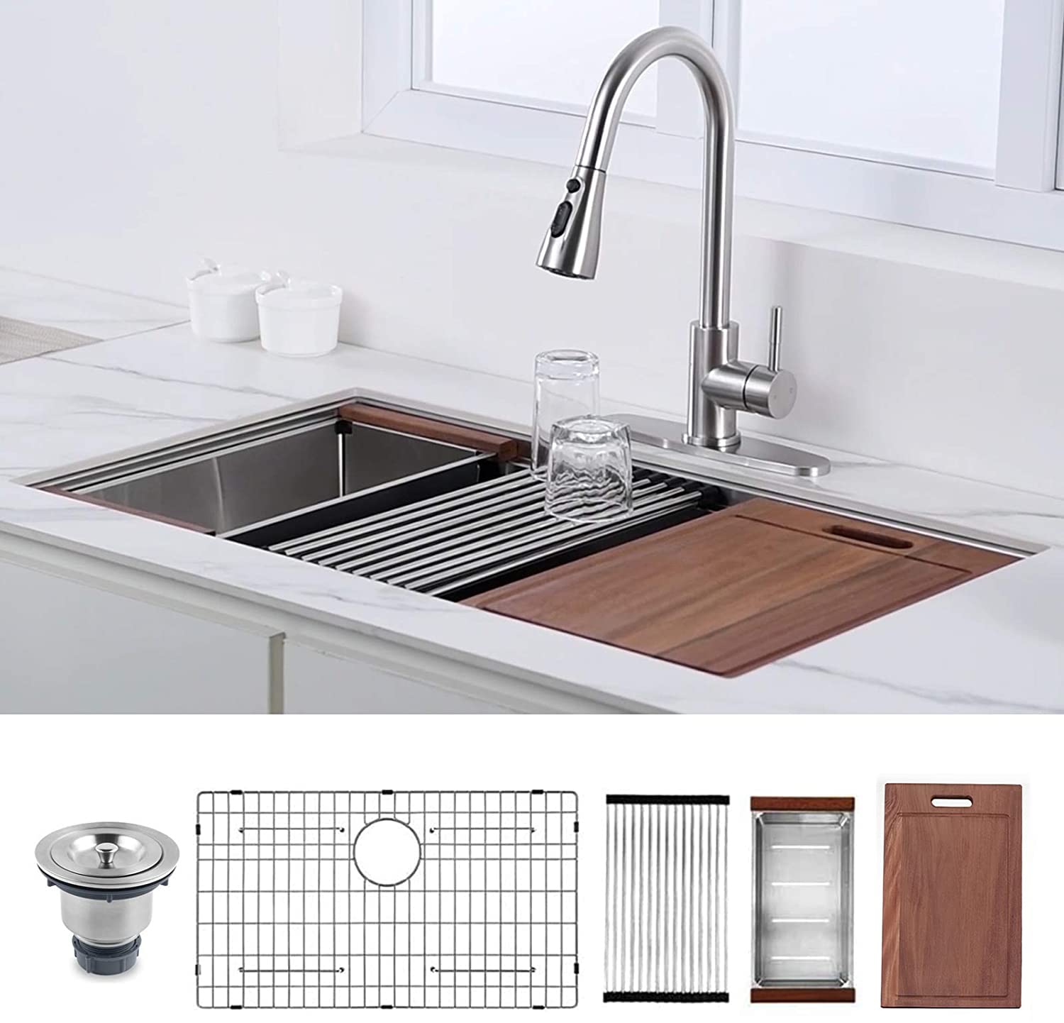 Hausinluck 30-inch Undermount Stainless Steel Kitchen Sink - 18 Gauge Single Bowl Workstation Sink with Integrated Ledge & Accessories (5-Pack) - Perfect for Modern Kitchens, Restaurants, and Commercial Food Prep Areas