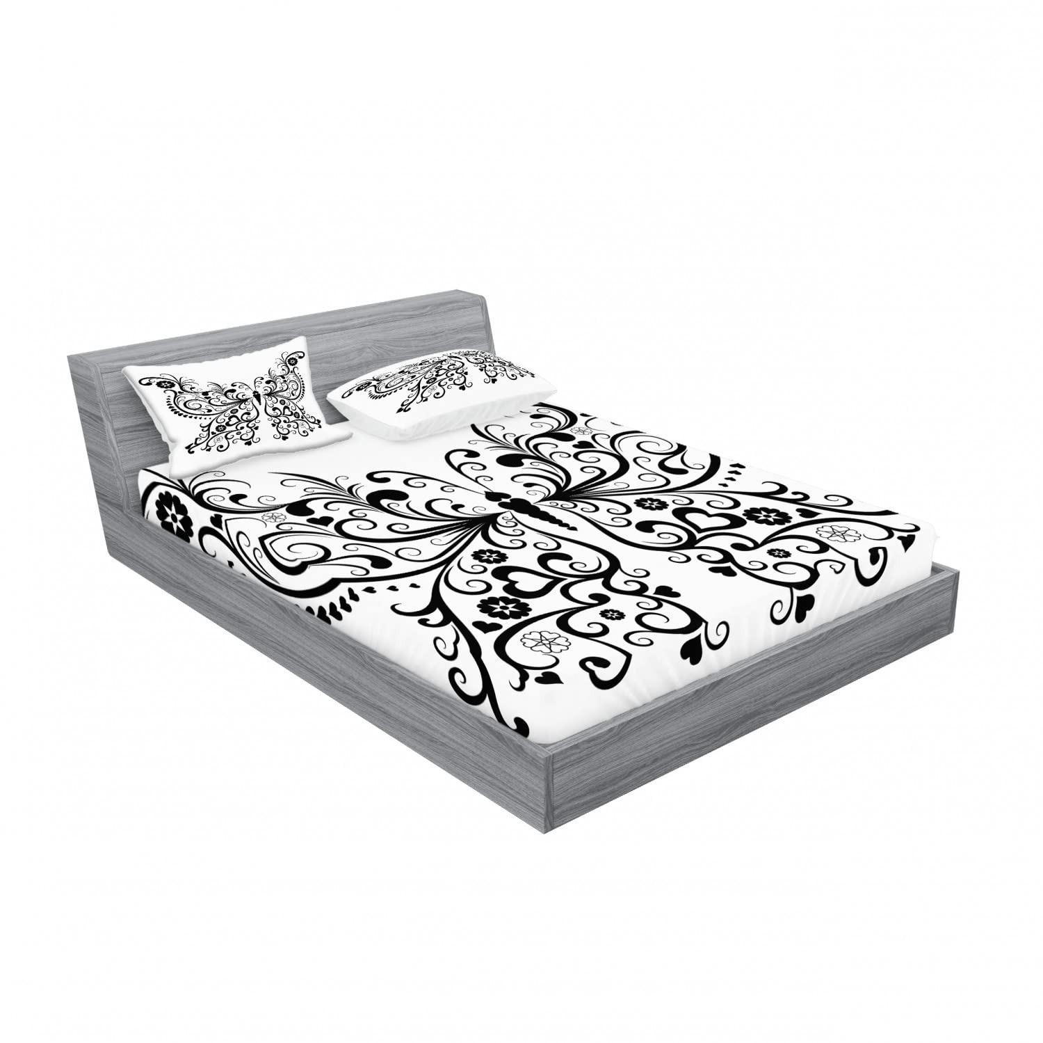 Ambesonne 2-Piece Queen Size Fitted Sheet Set with 4 Pillow Shams - Black & White Swirled Wing Floral Pattern Animal Print Bedding Collection | Perfect for Guest Rooms, Master Bedrooms & Bohemian Home Decor