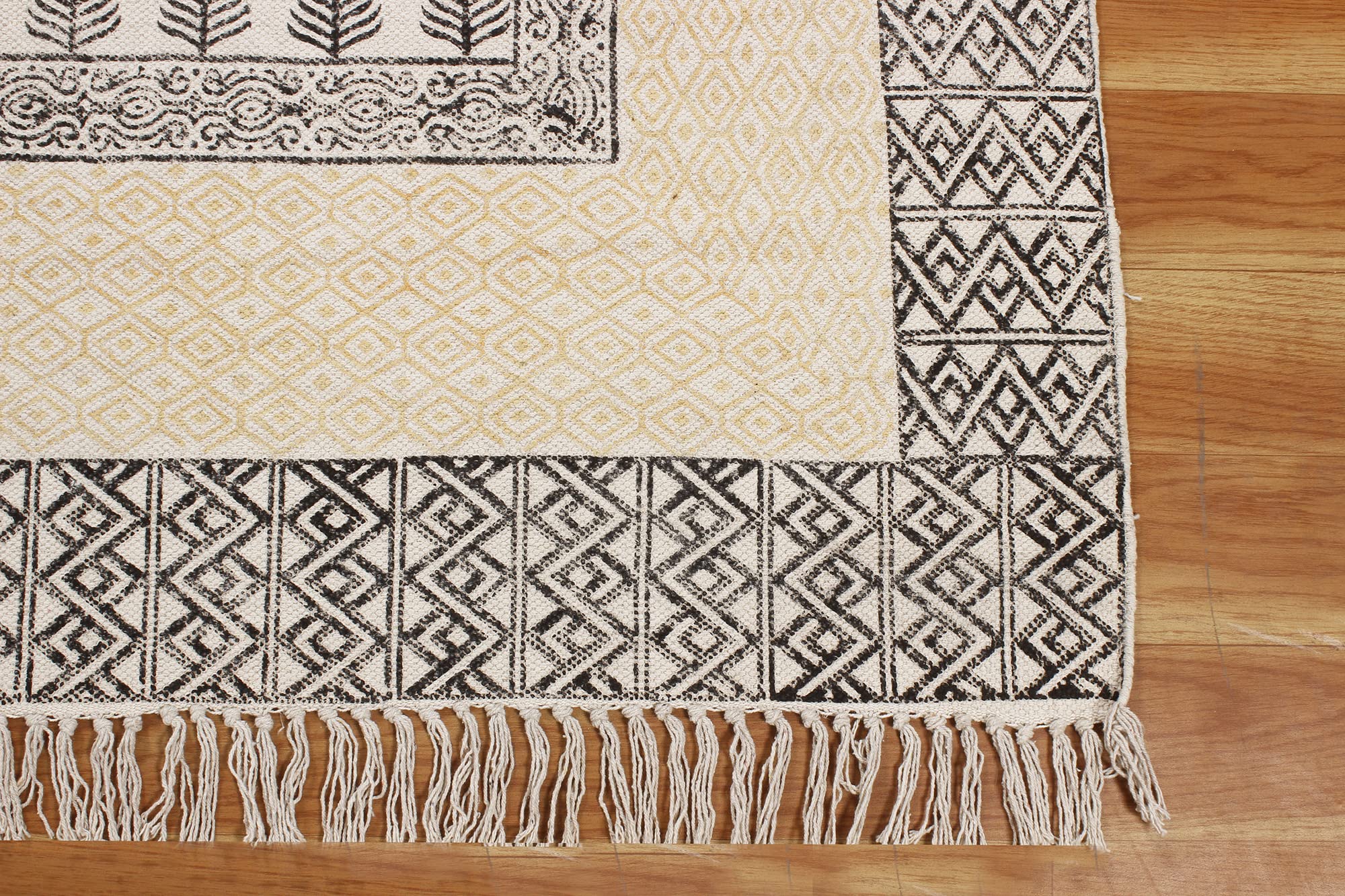 Bohemian Area Rug - Handmade Yellow & Black Cotton Runner with Tassels | Hand Block Printed Floral Design | Easy Washable | 90x600 cm (3x20 Feet) | Perfect for Living Room, Bedroom, Laundry Room & Entryway | Adds Boho Chic Style to Any Space