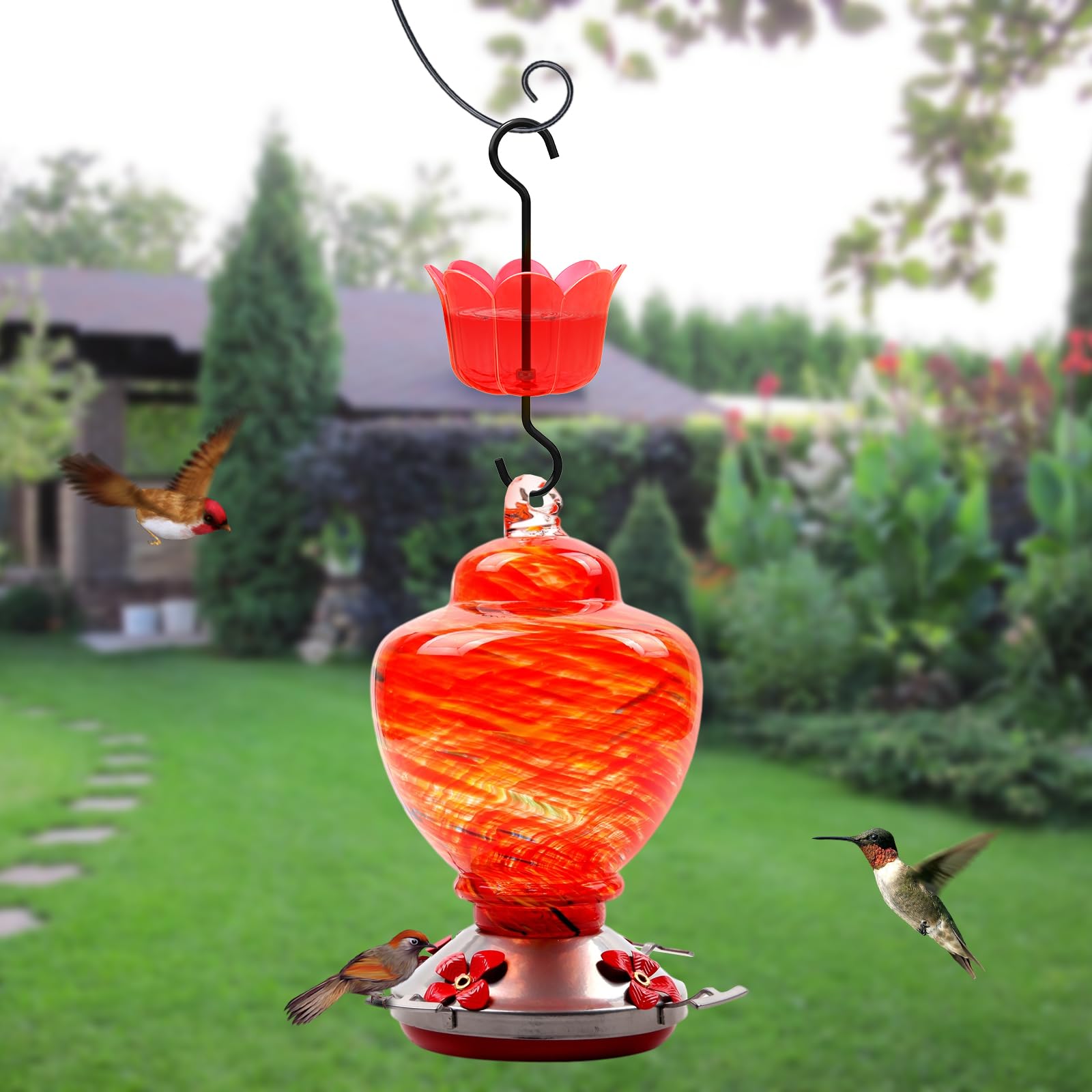 6 OZ x 2 Ant Moat for Hummingbird Feeders - Red Flower Ant Guard with 2 Rustproof S Hooks & Cleaning Brushes | Durable Plastic & Metal Hummingbird Feeder Accessories | Perfect for Outdoor Bird Watching & Garden Decoration