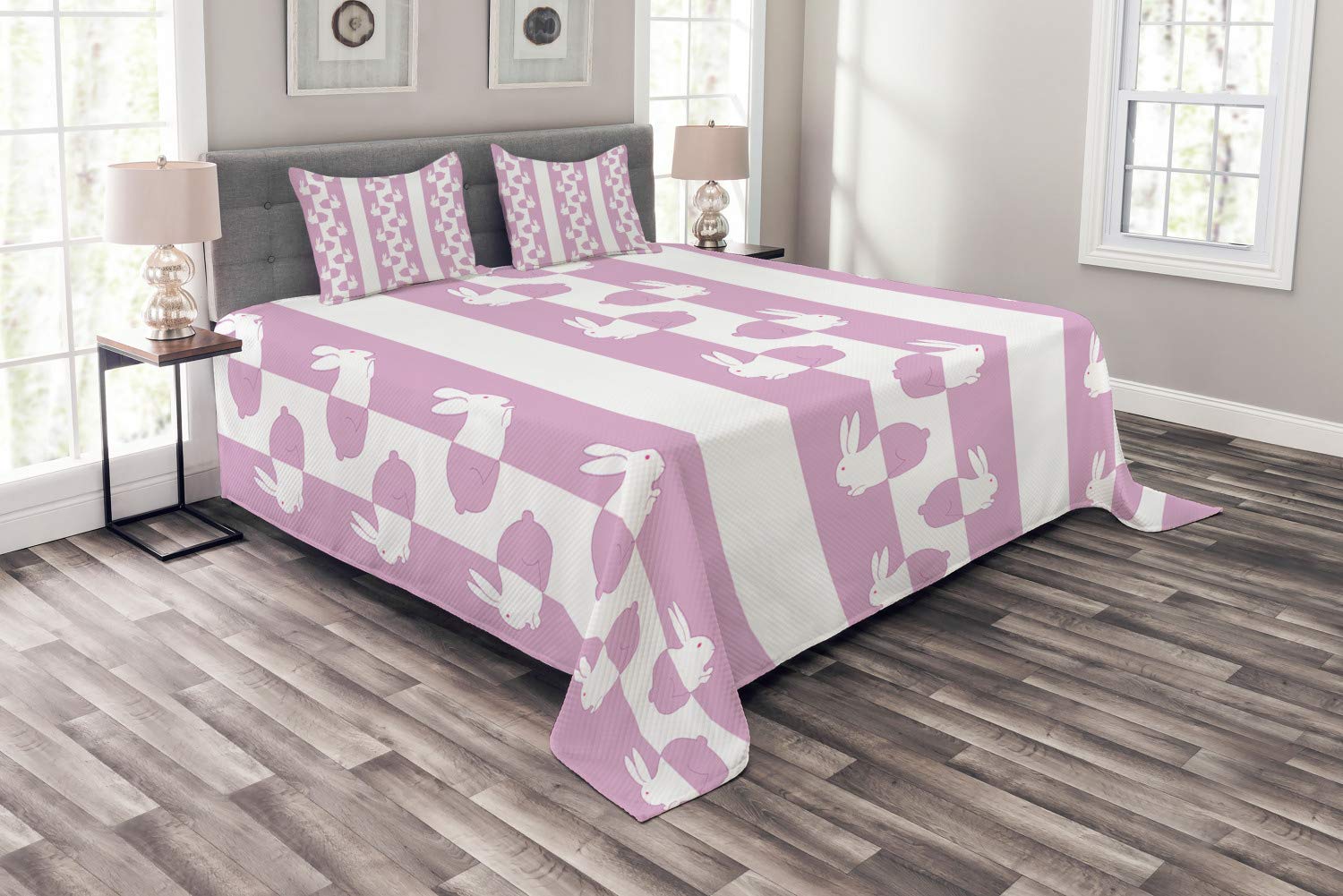 Ambesonne Easter Bunny Rabbits Bedspread Set - King Size 3 Piece Quilted Coverlet with 2 Pillow Shams, Pastel Animal Print Design in White & Pink - Perfect for Spring Decor, Easter Bedroom, Girls Room & Cozy Home Decor