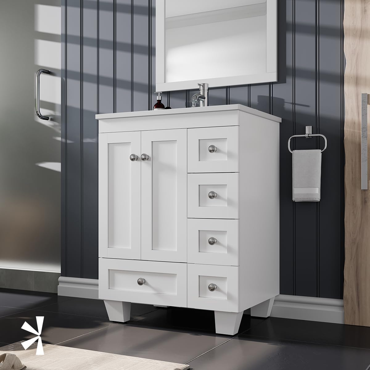 24 Inch Modern White Bathroom Vanity with Sink - Freestanding Vanity with Soft-Close Drawers & Brushed Nickel Handles - Perfect for Small Bathrooms, Powder Rooms & Apartment Remodels