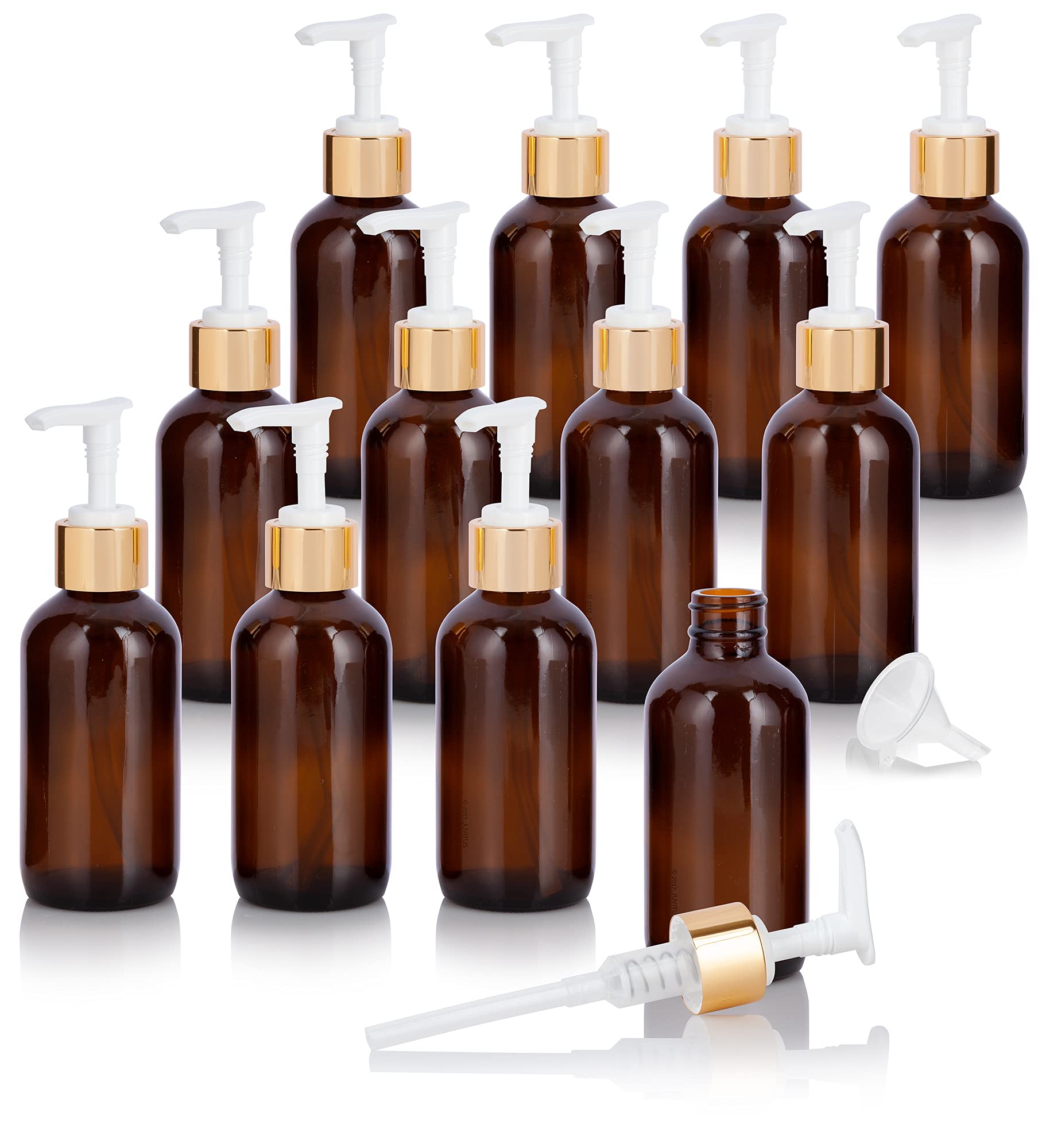 JUVITUS 4 oz Amber Glass Boston Round Bottle with Gold Lotion Pump (12 Pack) + Funnel - Essential Oil Bottles, DIY Skincare Containers, Travel-Sized Toiletry Dispensers for Home, Salon & On-The-Go Use