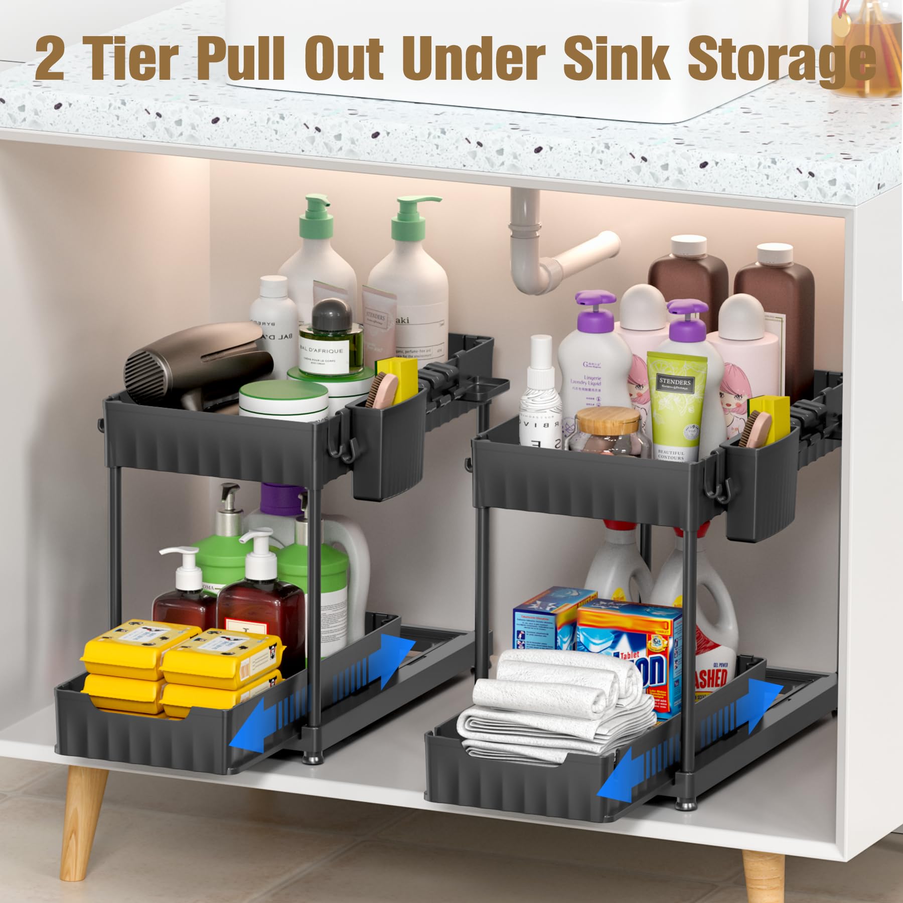 2-Pack Under Sink Organizer Set - Durable ABS Material 2-Tier Sliding Kitchen & Bathroom Storage with Hanging Cups - Space-Saving Cabinet Organizer for Sponges, Soaps & Cleaning Supplies (Black) - Perfect for Small Kitchens, Bathrooms & RVs