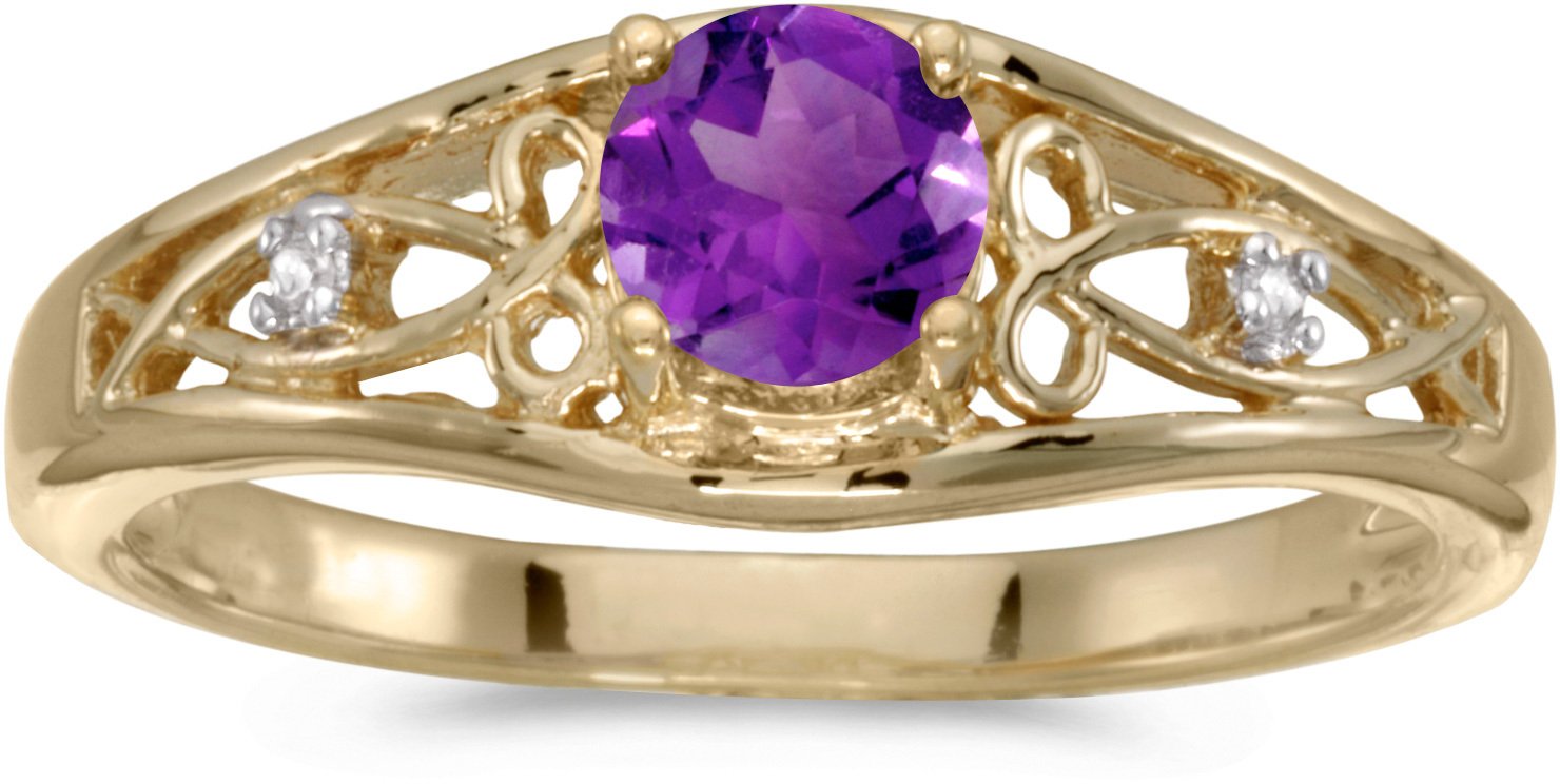 10K Yellow Gold Round Amethyst and Diamond Ring for Women - Elegant Birthstone Jewelry Gift for Anniversary, Engagement, or Valentine's Day