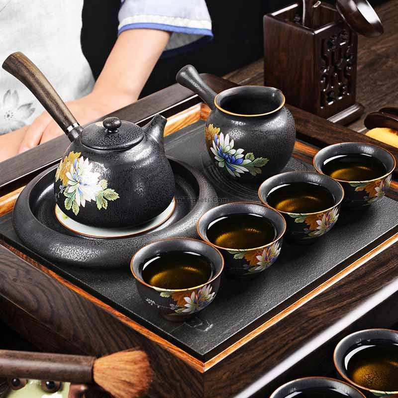 Premium Iron Tea Set with Ebony Tea Tray - Traditional Chinese Gongfu Tea Ceremony Set for Home, Office & Gift Giving