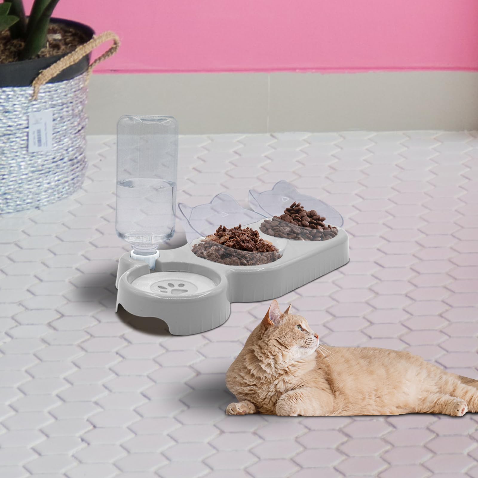 **Triple Cat Bowls with 15° Tilt - 3-in-1 Elevated Pet Feeder for Cats & Puppies | Whisker-Friendly Wet & Dry Food Bowls with Automatic Water Bottle | Perfect for Small Pets, Home & Travel Use (Lead White)**
